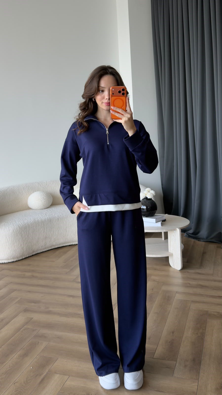 Dik Yaka Yârım Fermuarlı Tişört Detay Sweat ve Pantolonlu İkili Modal Takım Lacivert 2401
