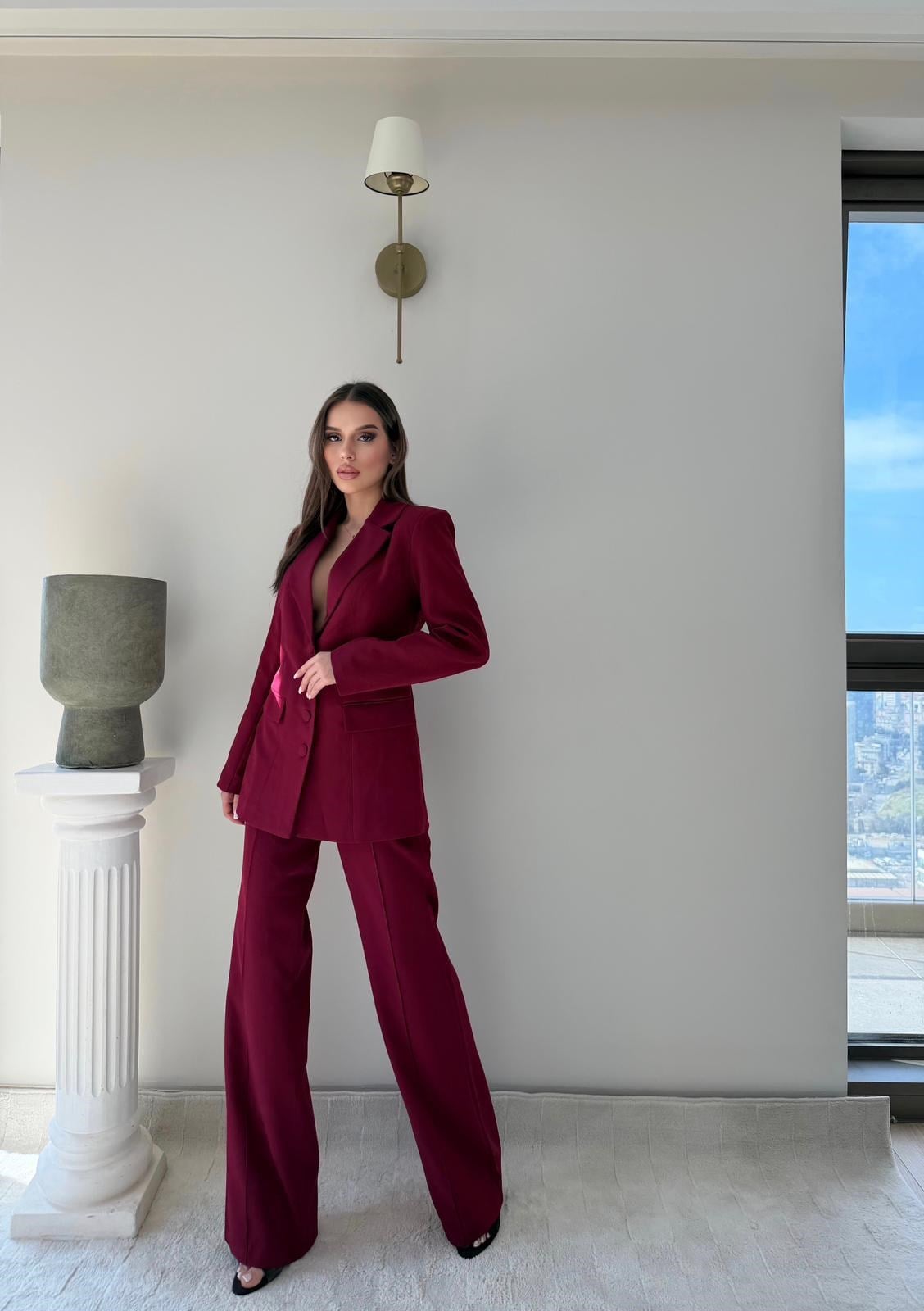 Dört Düğme Detay İç Astarlı Blazer Ceket ve Pantolonlu Double Kumaş İkili Takım Bordo 2093