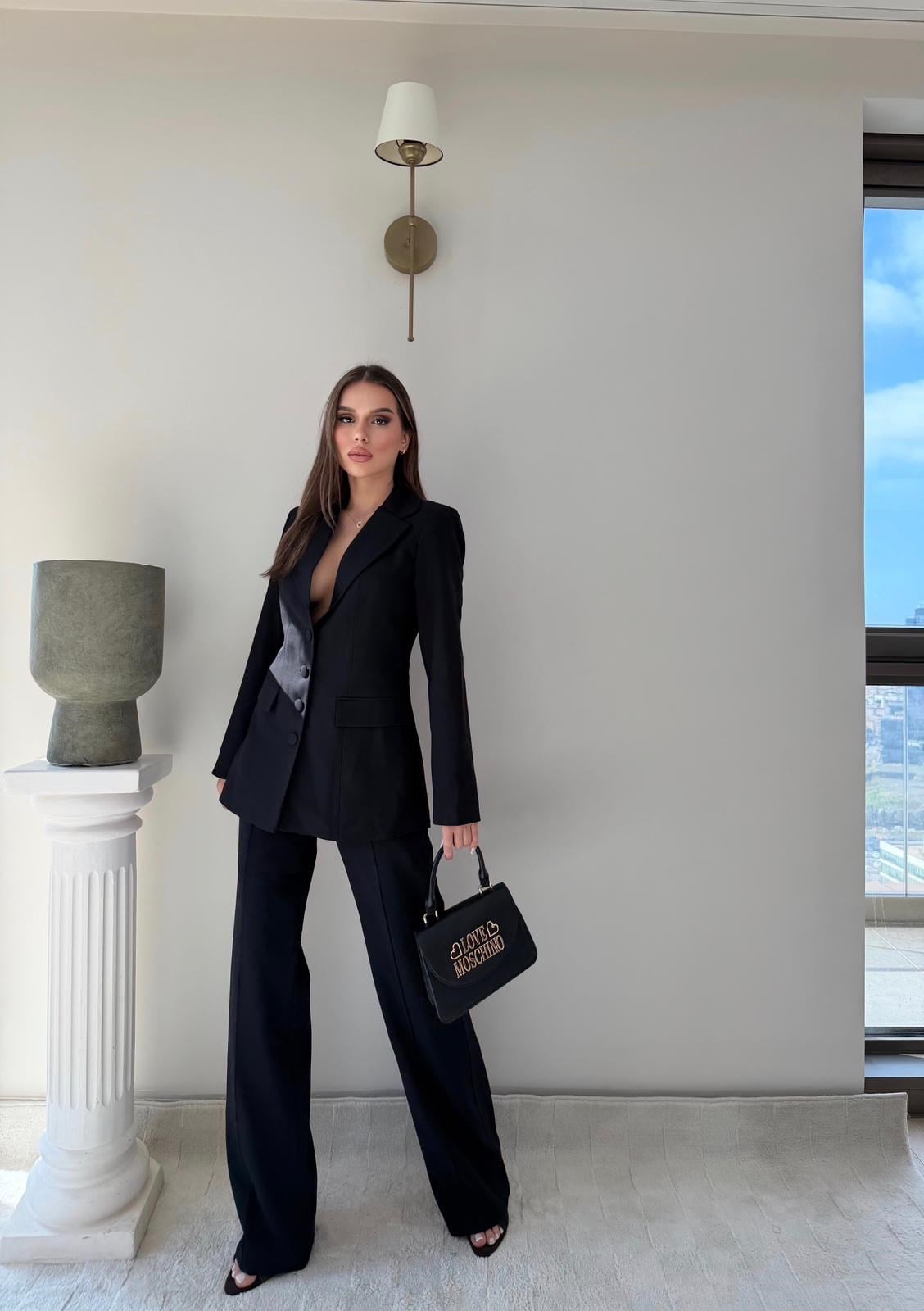 Dört Düğme Detay İç Astarlı Blazer Ceket ve Pantolonlu Double Kumaş İkili Takım Siyah 2093