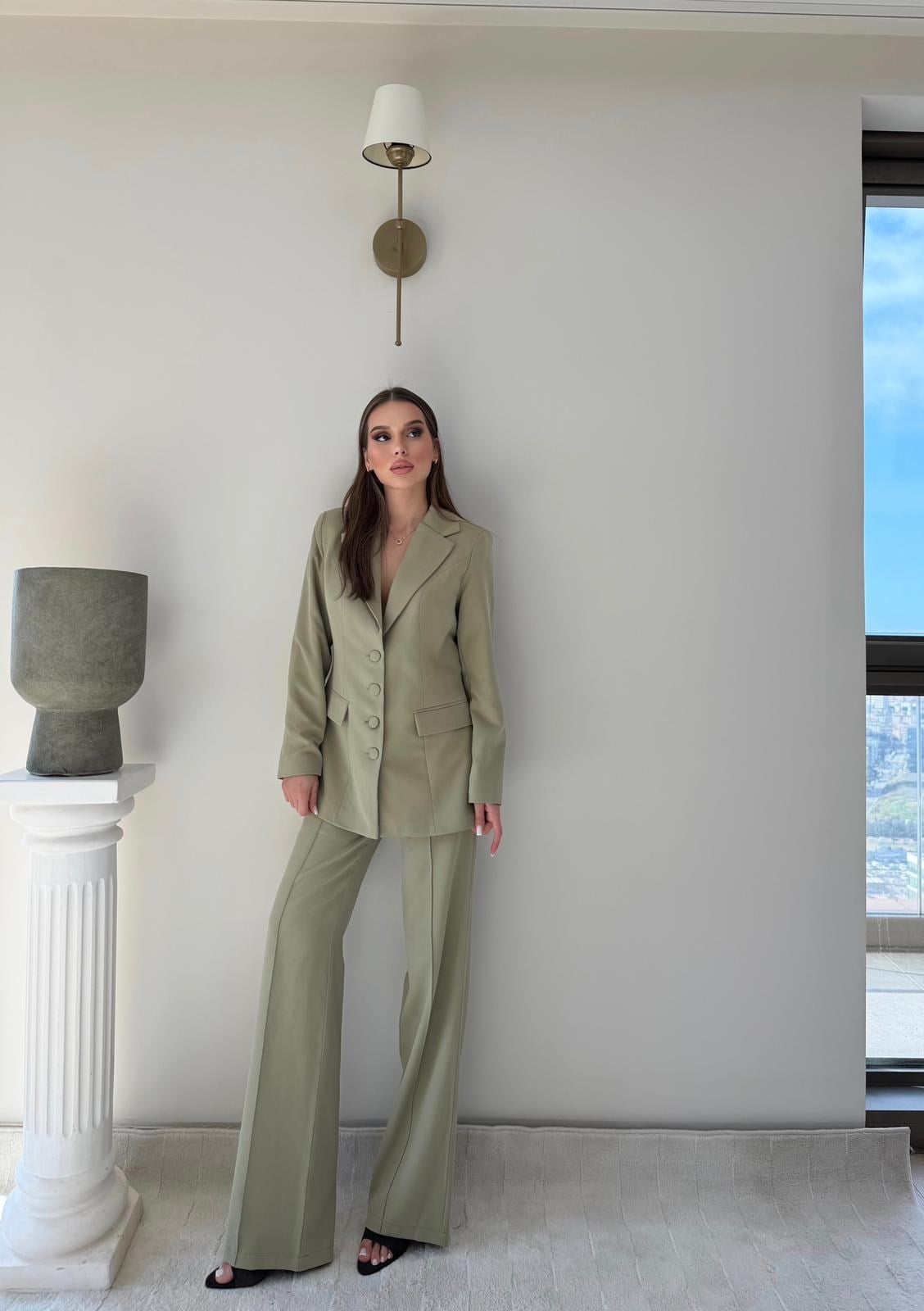 Dört Düğme Detay İç Astarlı Blazer Ceket ve Pantolonlu Double Kumaş İkili Takım Haki 2093