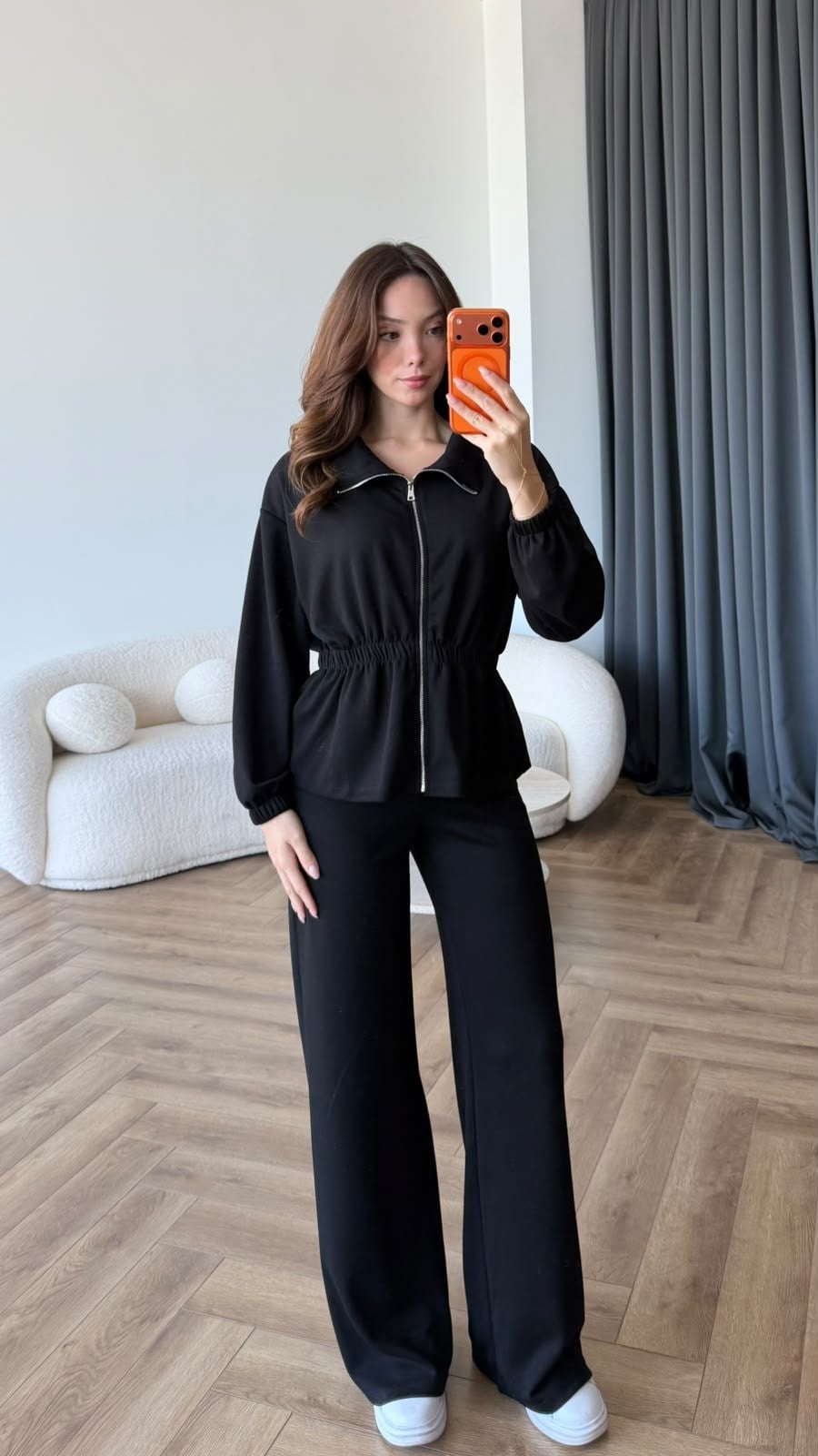 Fermuarlı Bel Drape Detay Bluz ve Pantolonlu Modal İkili Takım Siyah 2465