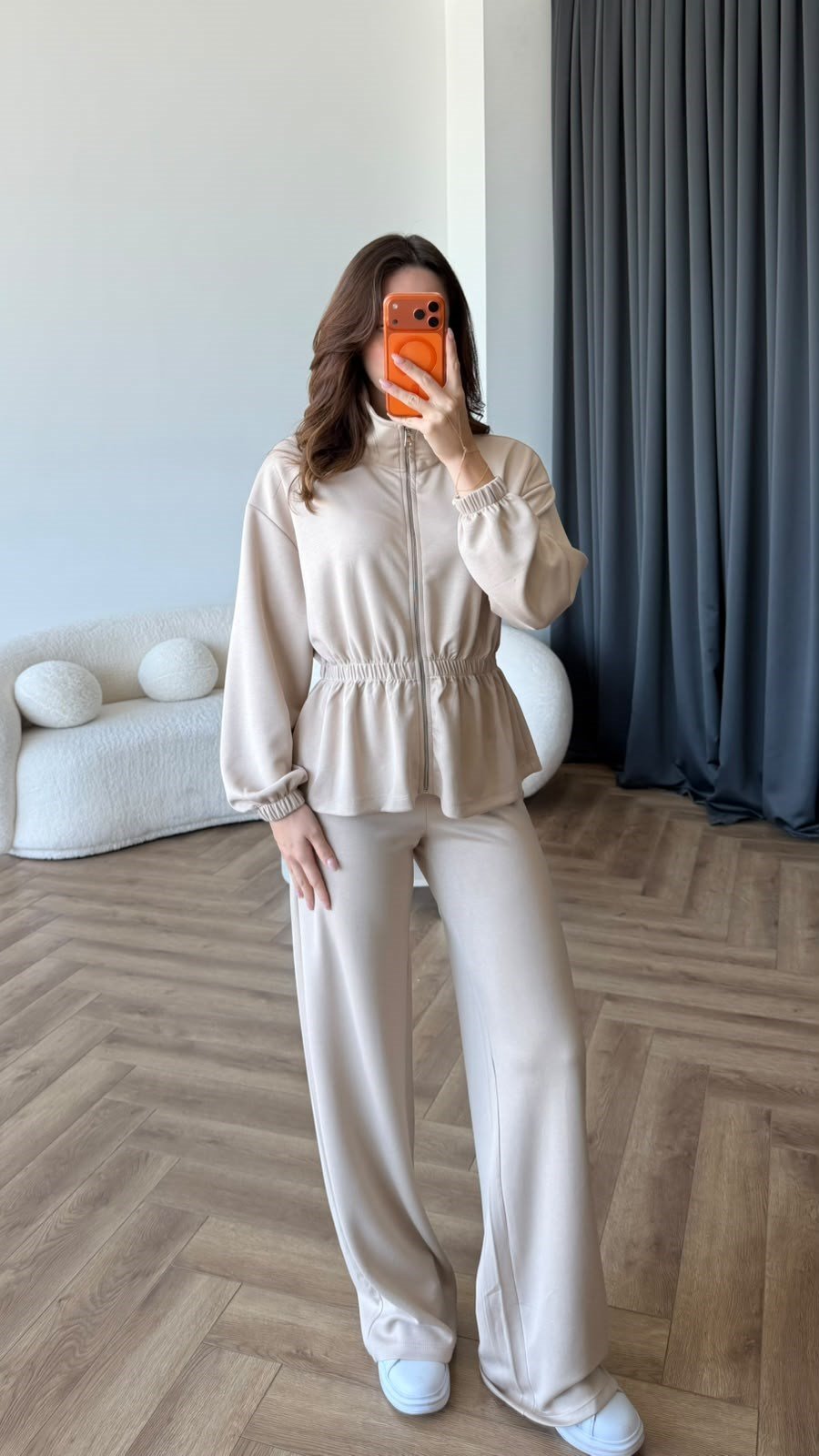 Fermuarlı Bel Drape Detay Bluz ve Pantolonlu Modal İkili Takım Bej 2465