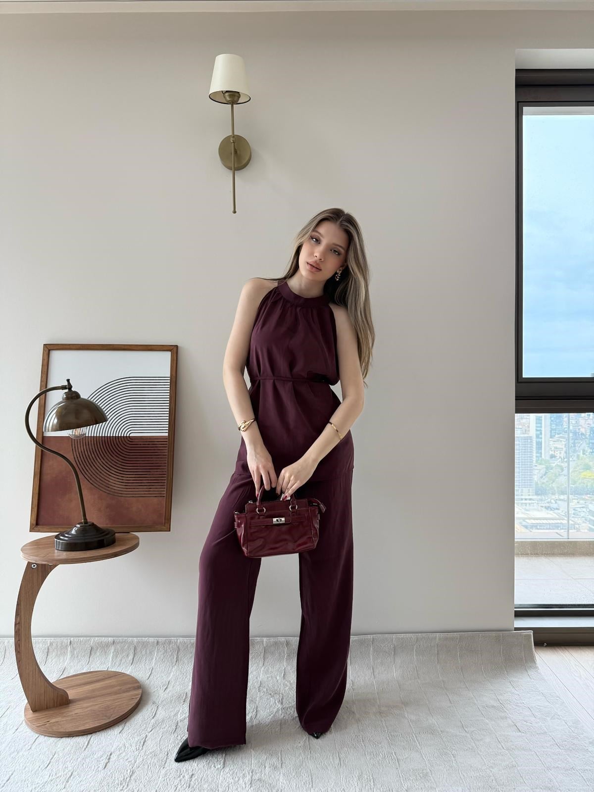 Halter Yaka Bel Bağcıklı Bluz ve Pantolonlu Tensel Modal Takım Mürdüm 2218