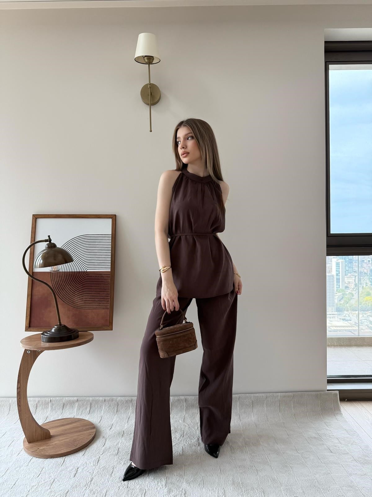 Halter Yaka Bel Bağcıklı Bluz ve Pantolonlu Tensel Modal Takım Acı Kahve 2218