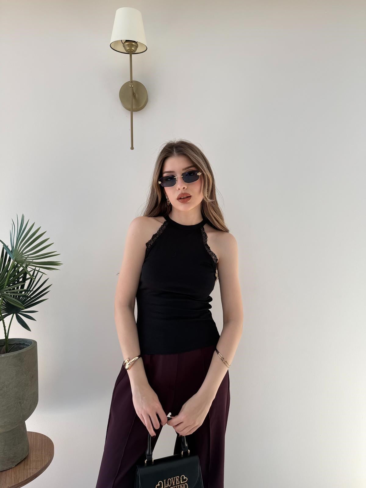 Halter Yaka Dantel Detay Modal Bluz Siyah 2251