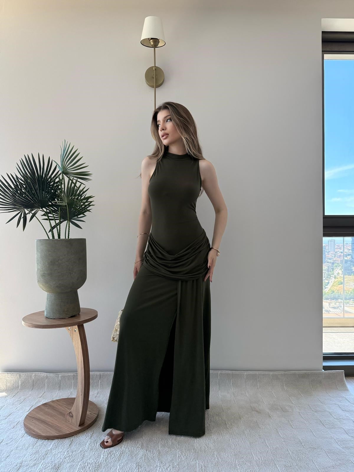 Helter Yaka Bel Drape Yırtmaçlı Elbise Haki 2291