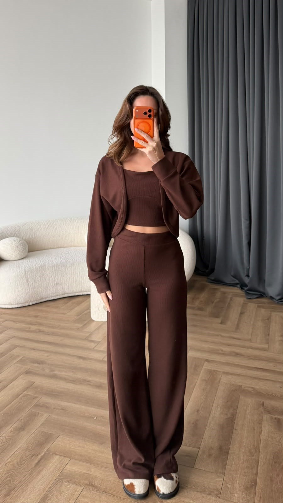 Hırka Atlet Ve Pantolonlu Triko 3'lü Takım Kahve 2443