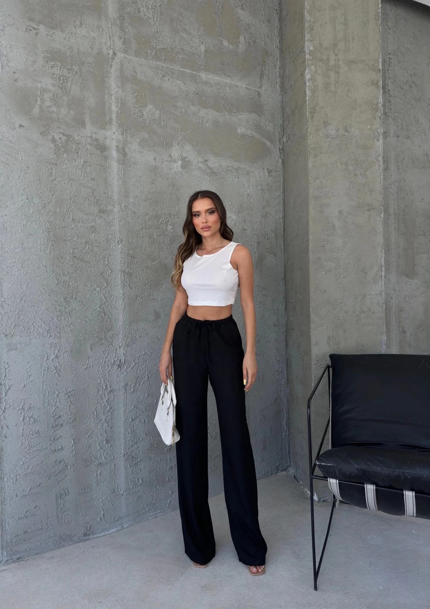 İNCE KEMER BEL LASTİKLİ PALAZZO KETEN PANTOLON SİYAH