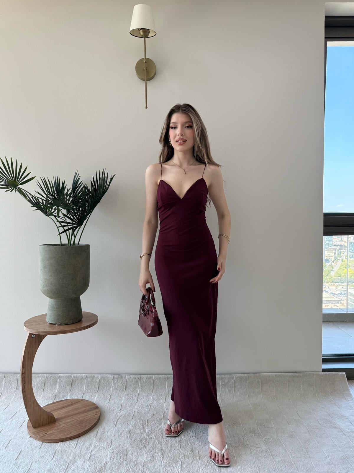 İp Askılı Kalem Elbise Bordo 2216