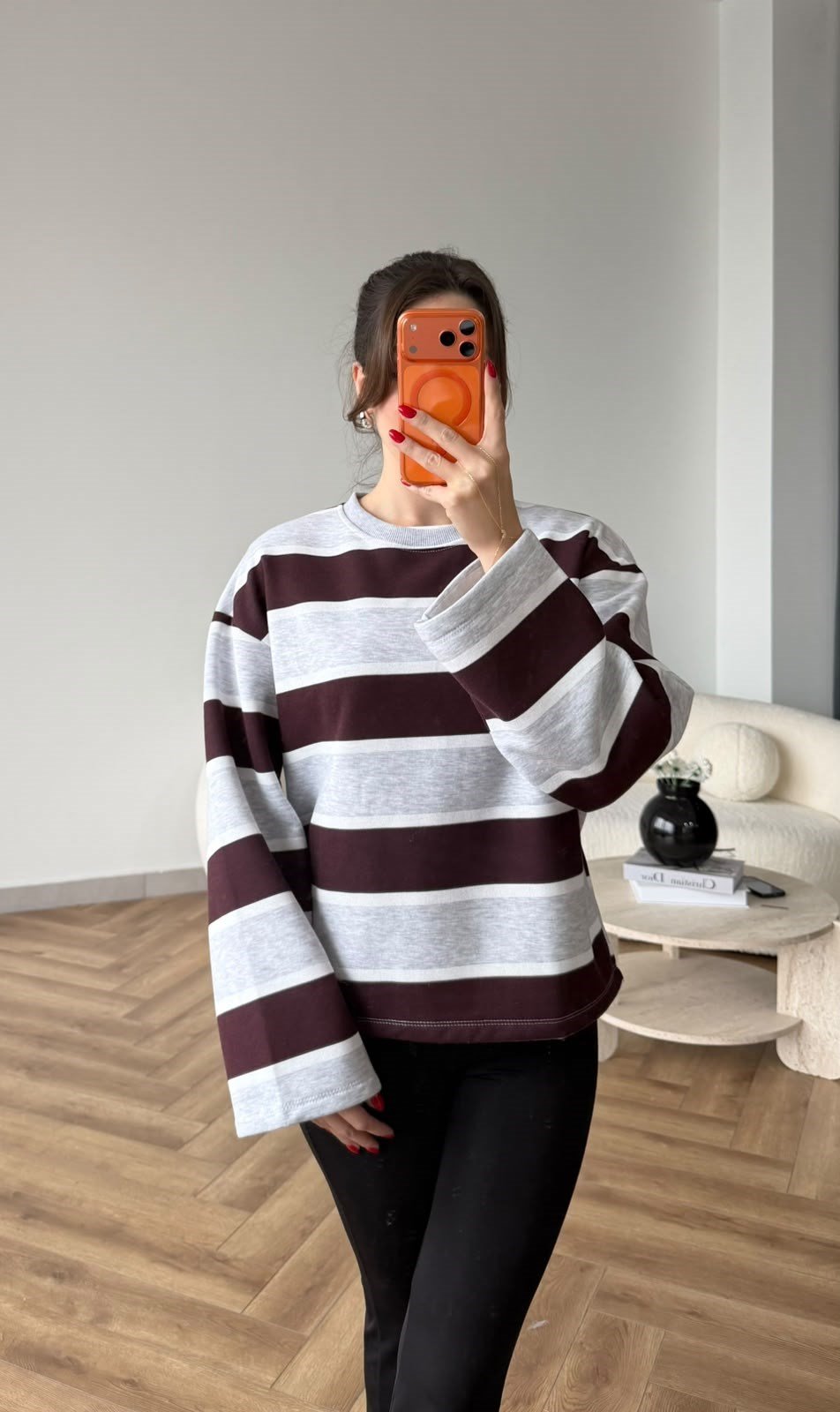 İspanyol Kol Çizgili 3 İplik Sweat Gri Bordo 2507