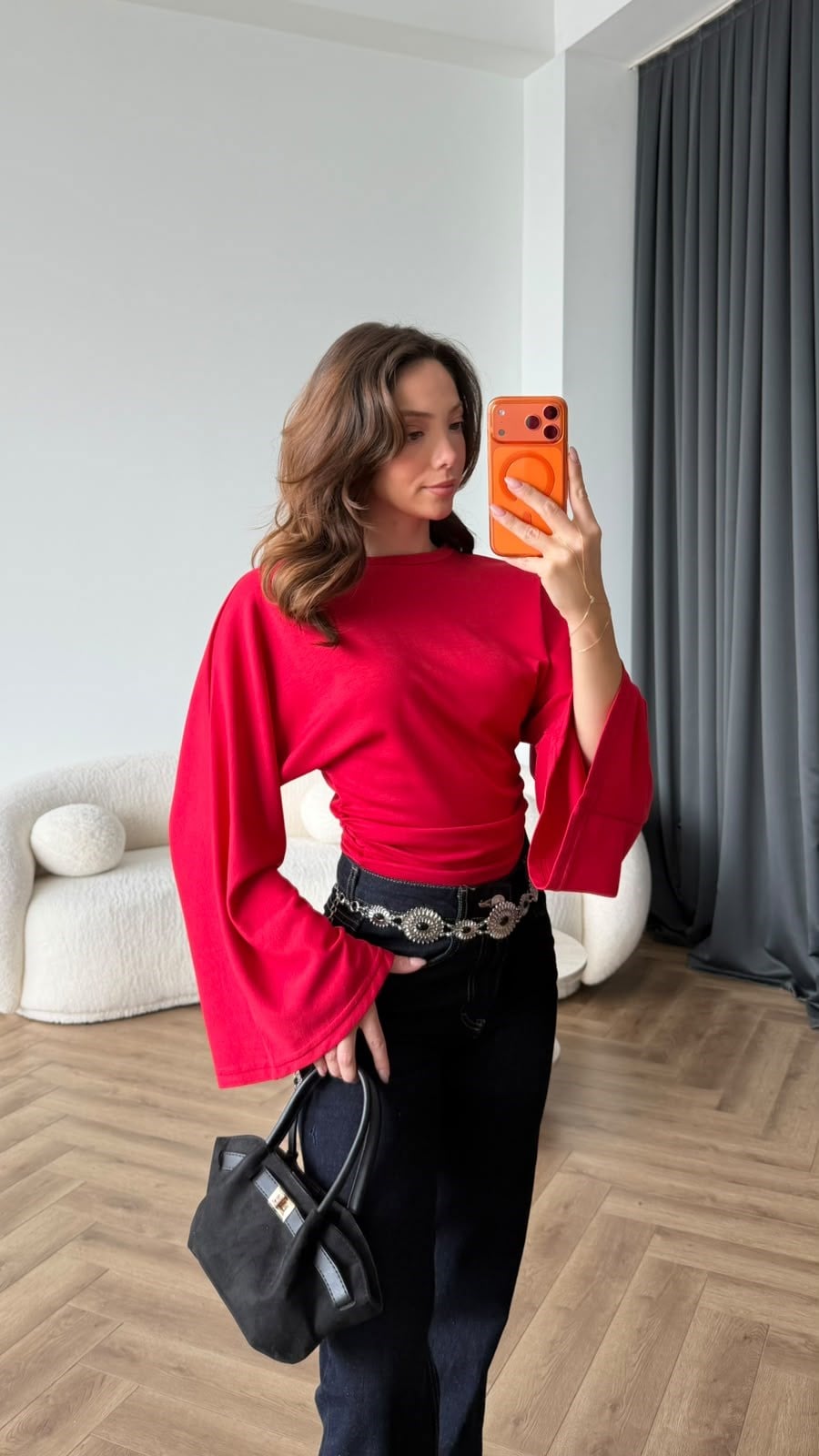 İspanyol Kol Detay Bel Drape Modal Bluz Kırmızı 2437