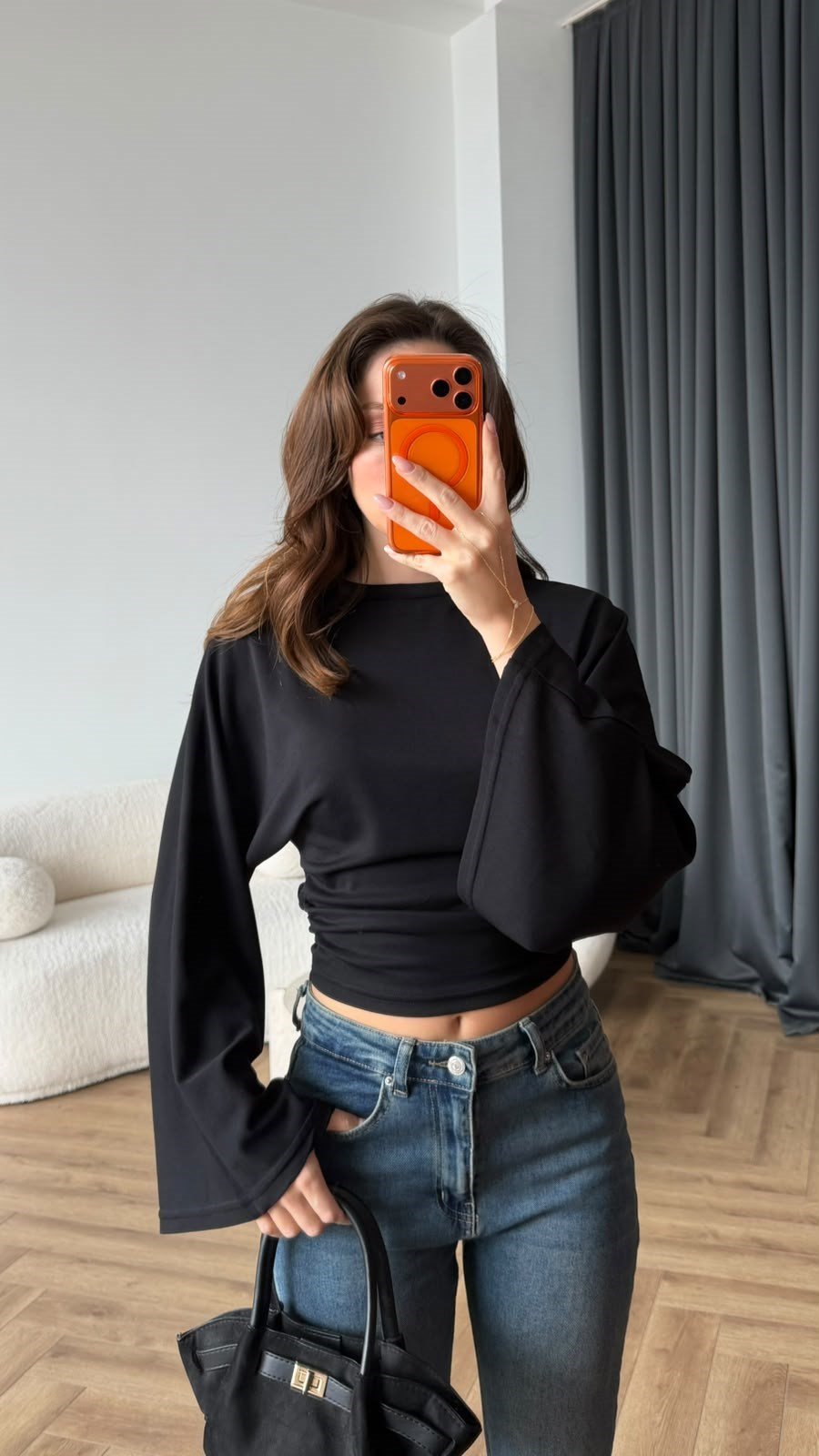 İspanyol Kol Detay Bel Drape Modal Bluz Siyah 2437