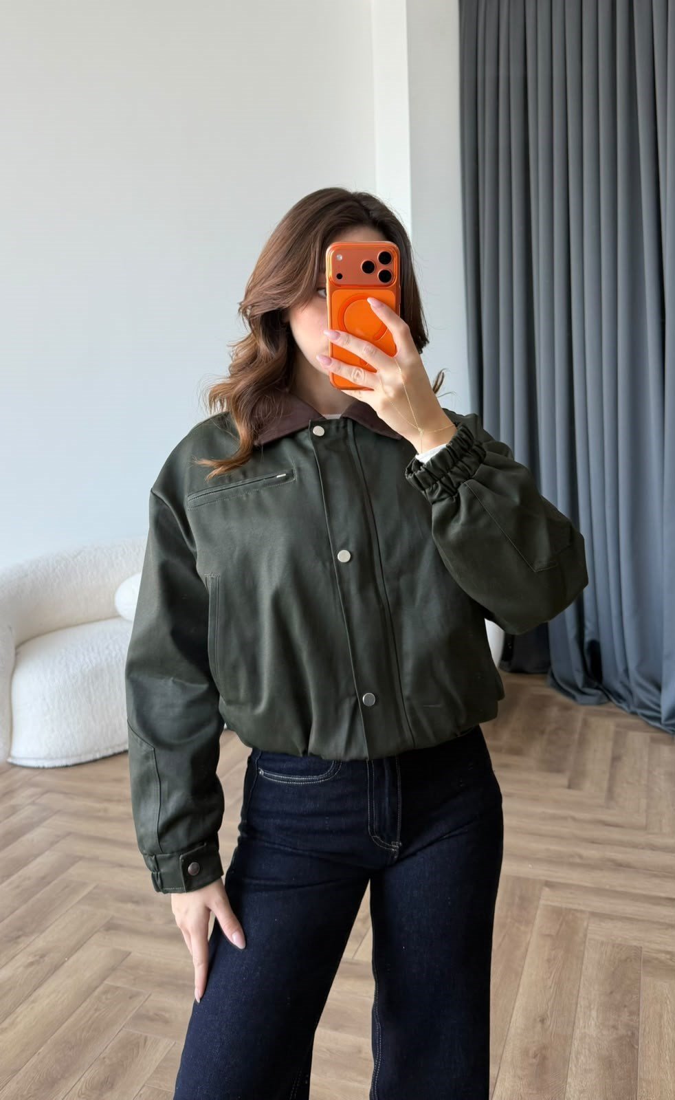 Kadife Yaka Detay Çıtçıtlı Burberry Kumaş Bomber Ceket Yeşil 2489