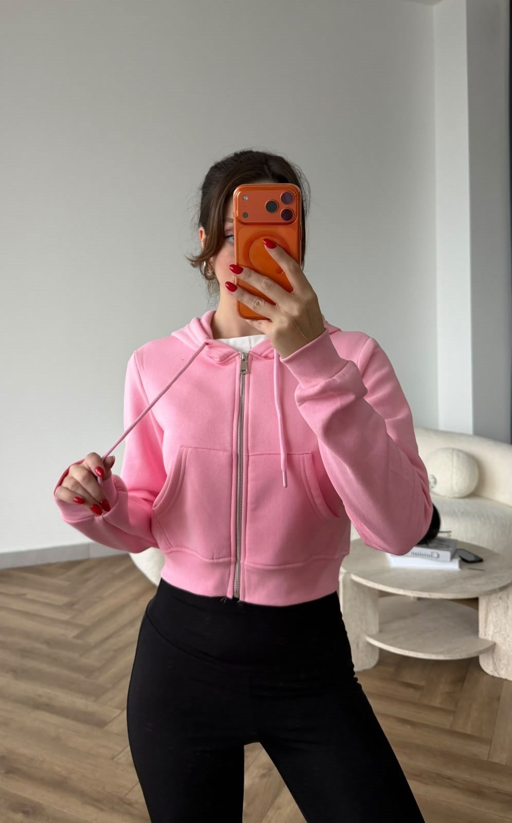 Kapişonlu 3 İplik Şardonlu Hırka Pembe 2505
