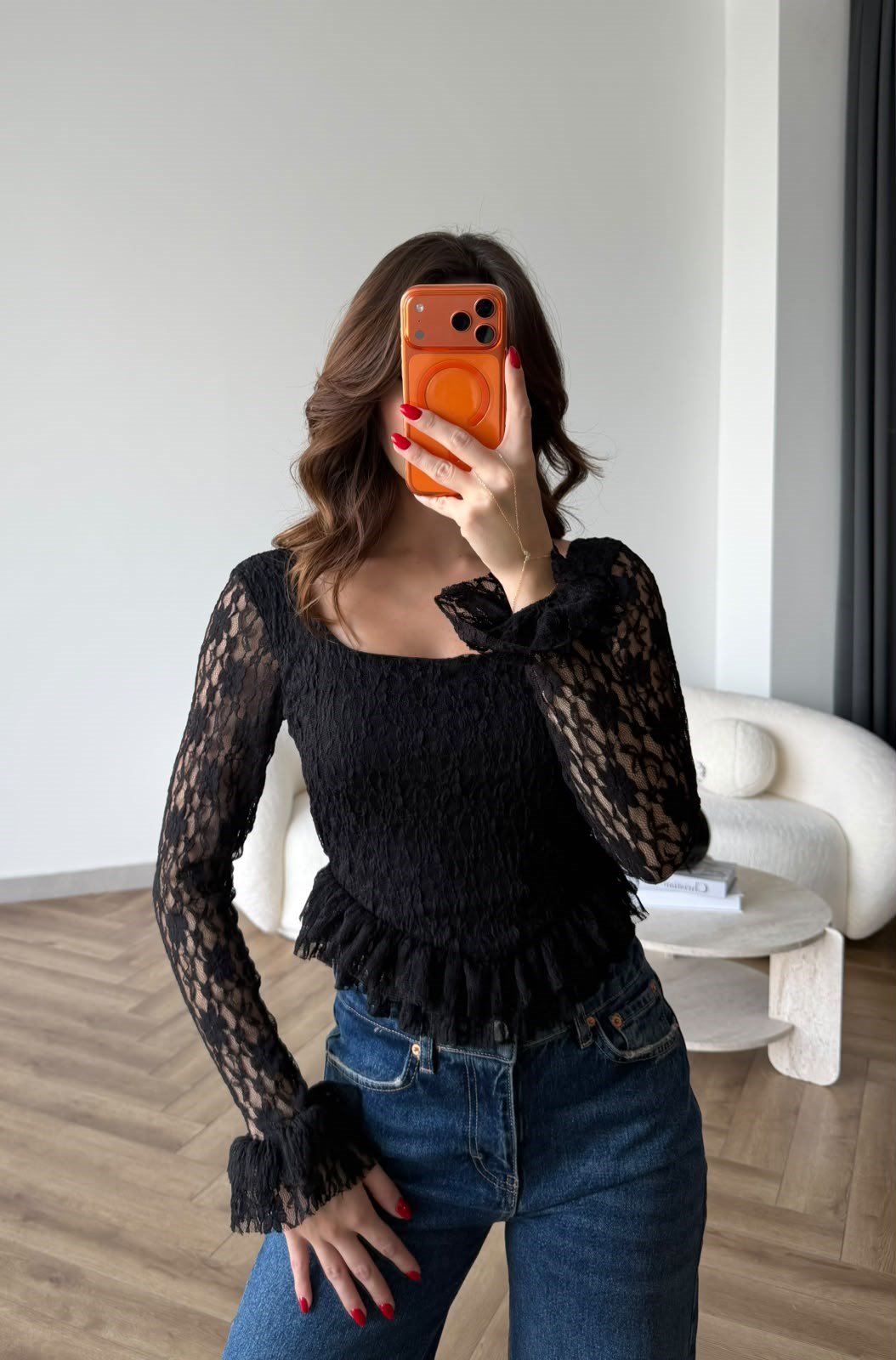 Kare Yaka Asimetrik Detay Dantel Bluz Siyah 2498