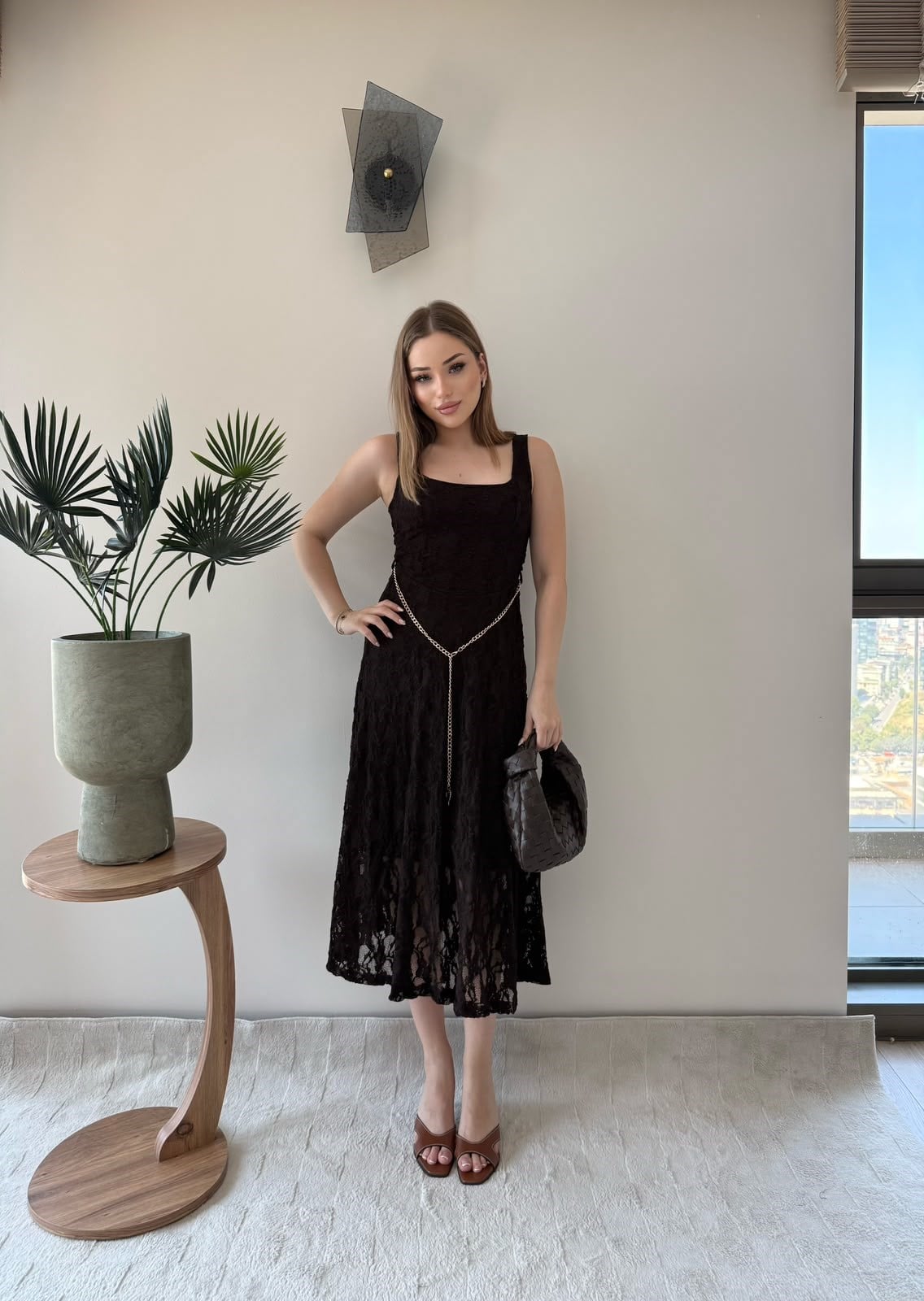 Kare Yaka Bel Kemer Detay Dantel Astarlı Elbise Acı Kahve 2368