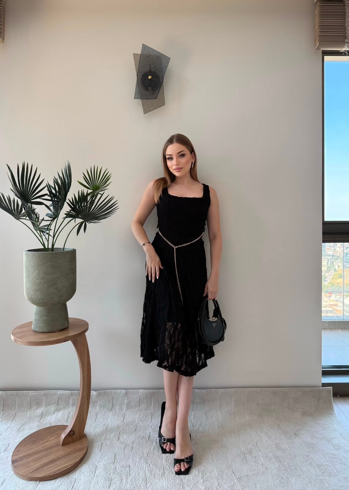 Kare Yaka Bel Kemer Detay Dantel Astarlı Elbise Siyah 2368
