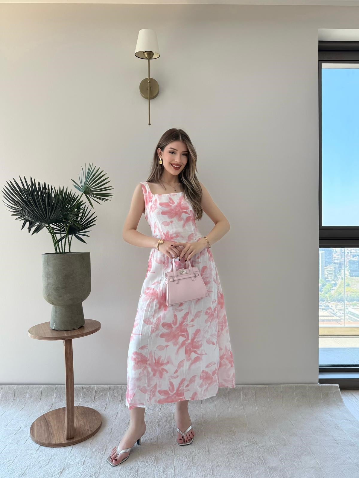 Kare Yaka Desenli İç Astarlı Keten Elbise Pembe 2262