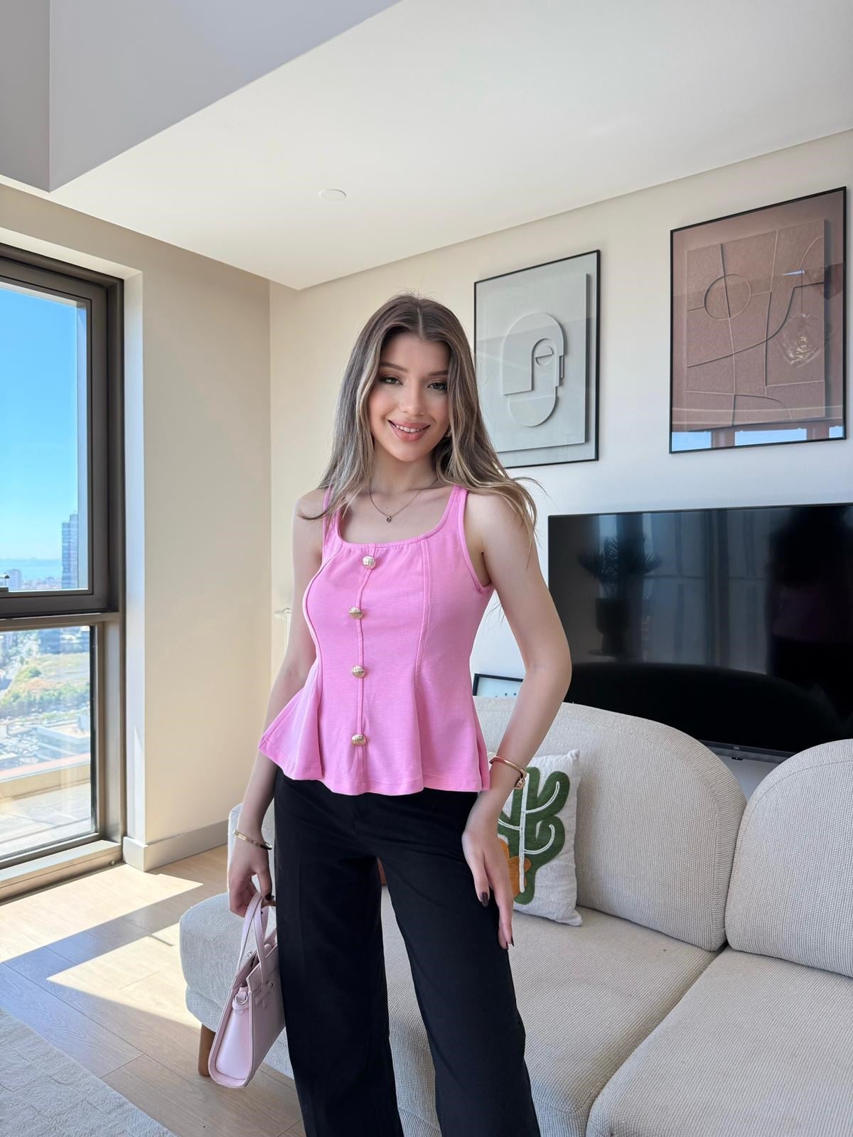Kare Yaka Düğme Detay Etek Volanlı Bluz Pembe 2284
