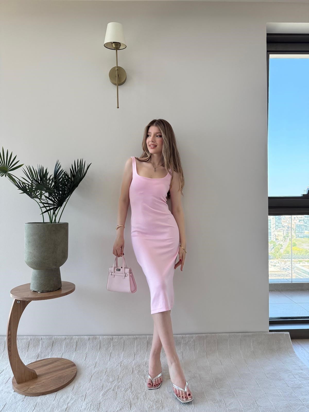 Kare Yaka Midi Boy Kalem Elbise Pembe 2227