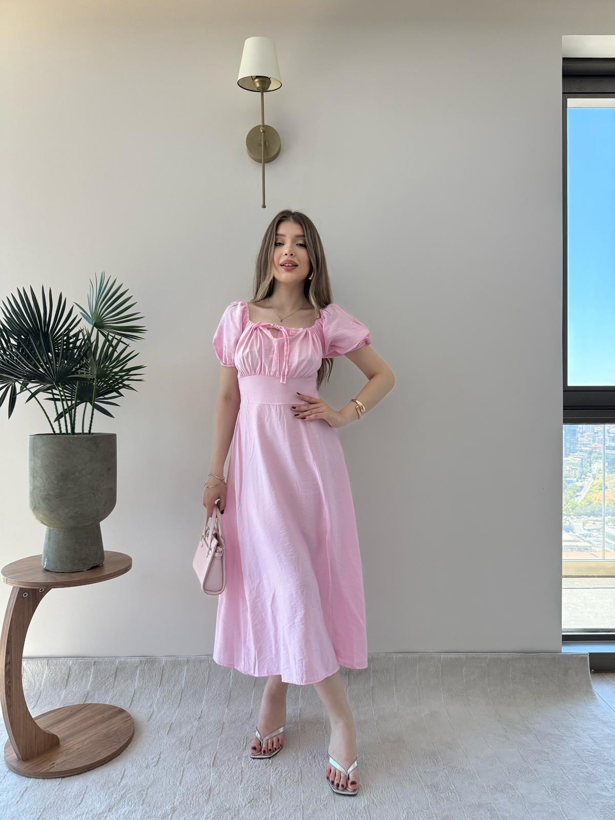 Karpuz Kol Ön Bağlama Detay Yırtmaçlı Tensel Elbise Pembe 2314