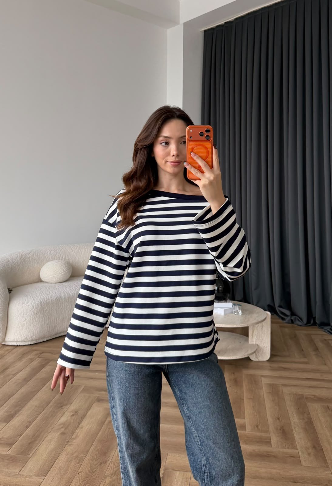 Kayık Yaka Çizgili Sweat Lacivert 2580