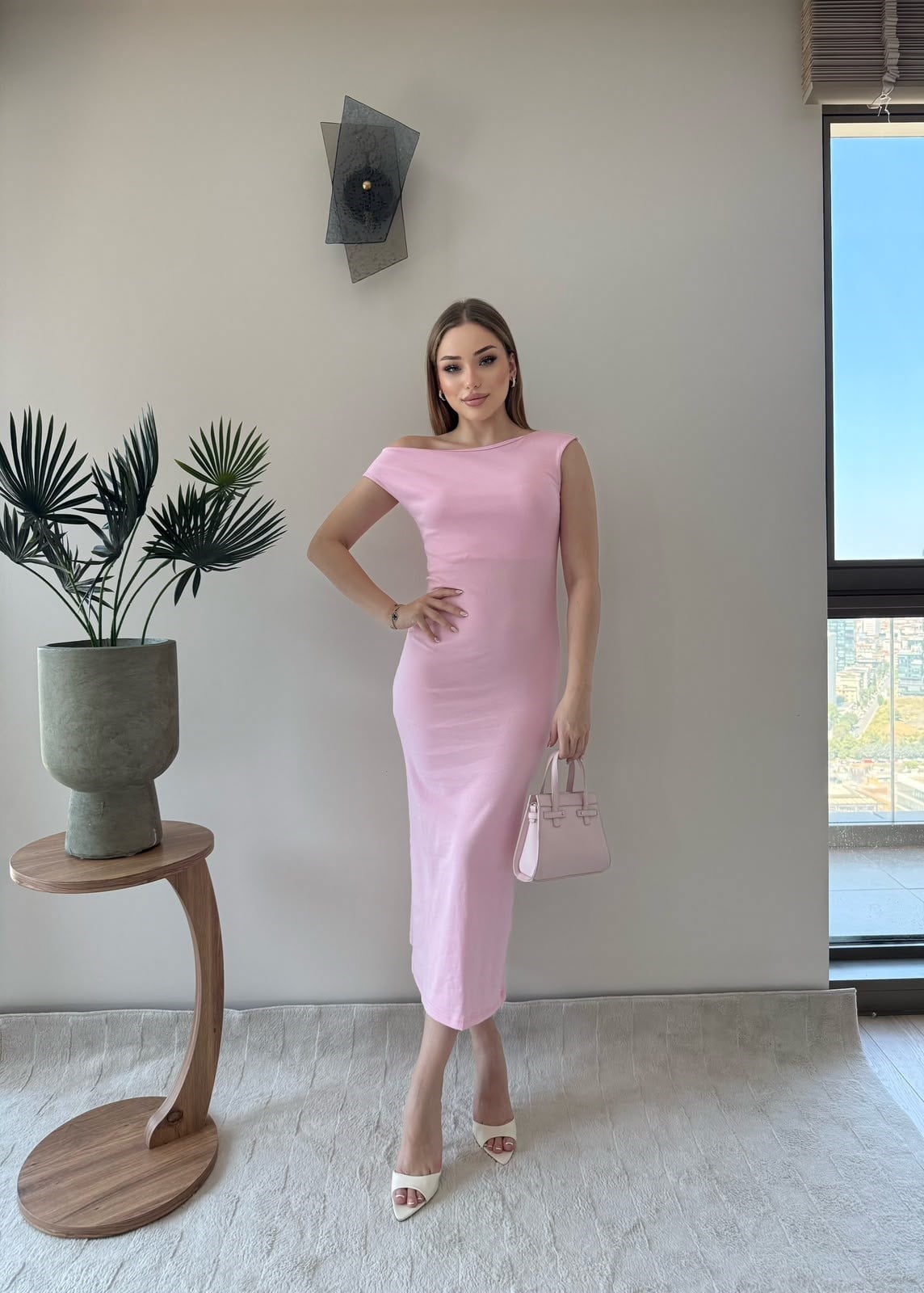 Kayık Yaka Uzun Modal Elbise Pembe 2369