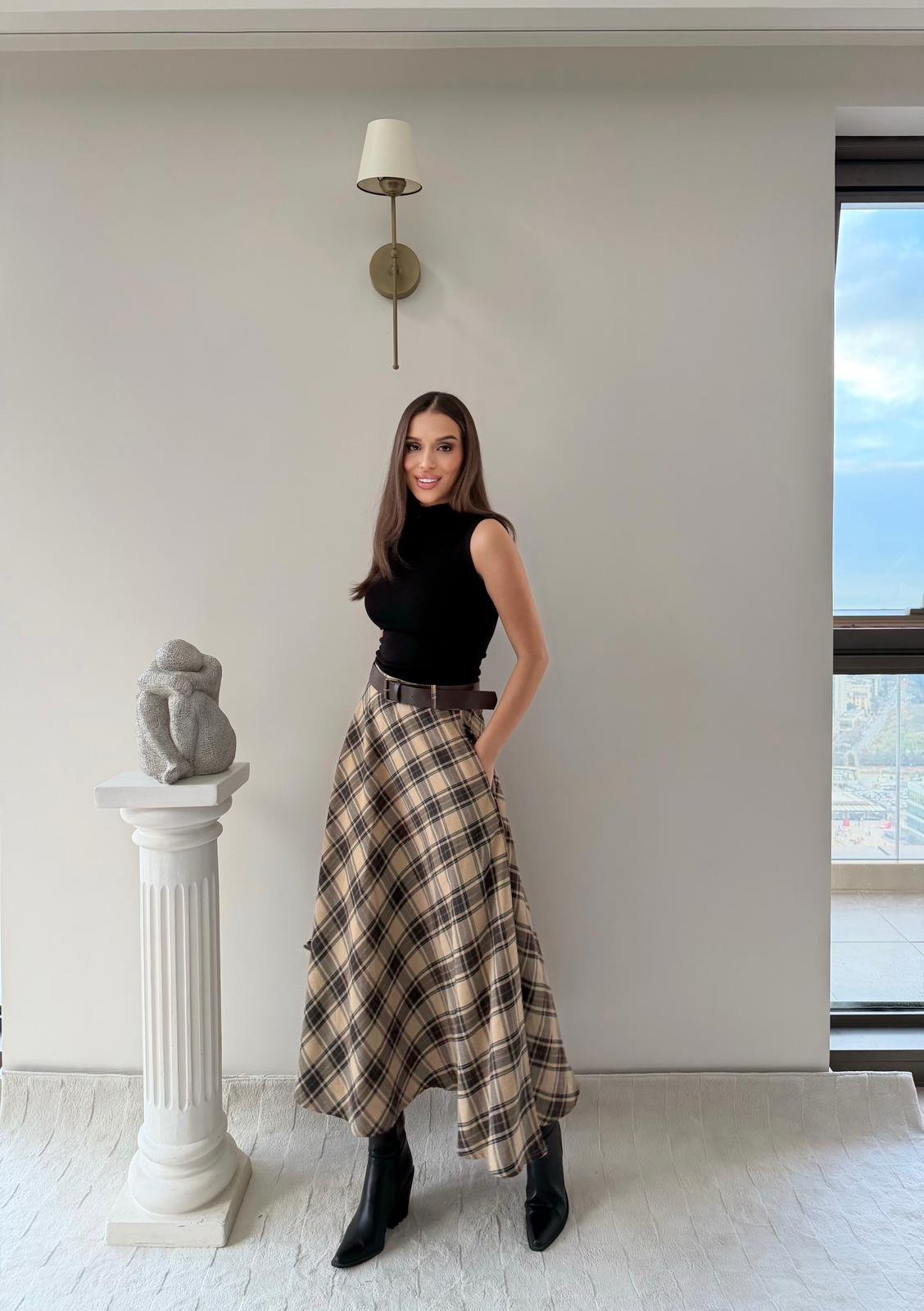 Kemer Detay Ekose Desen Etek Bej