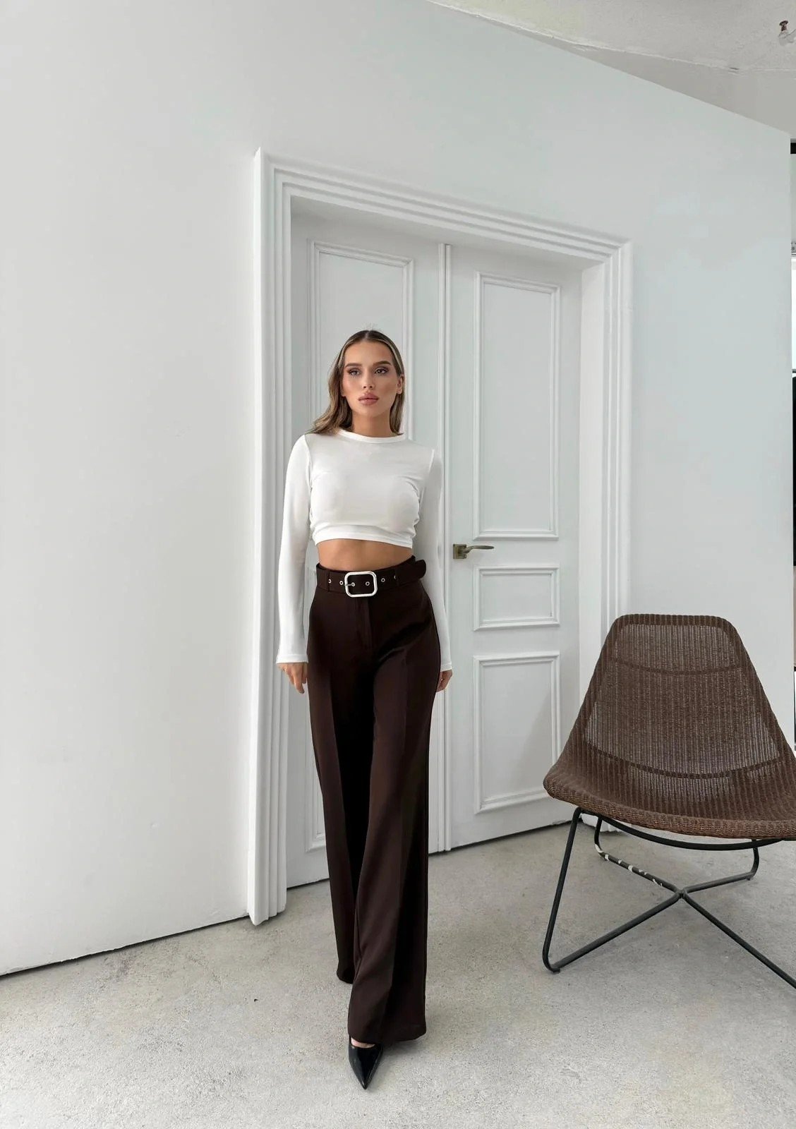 KEMERLİ YÜKSEK BEL İSPANYOL PAÇA DOUBLE KUMAŞ PANTOLON KAHVE