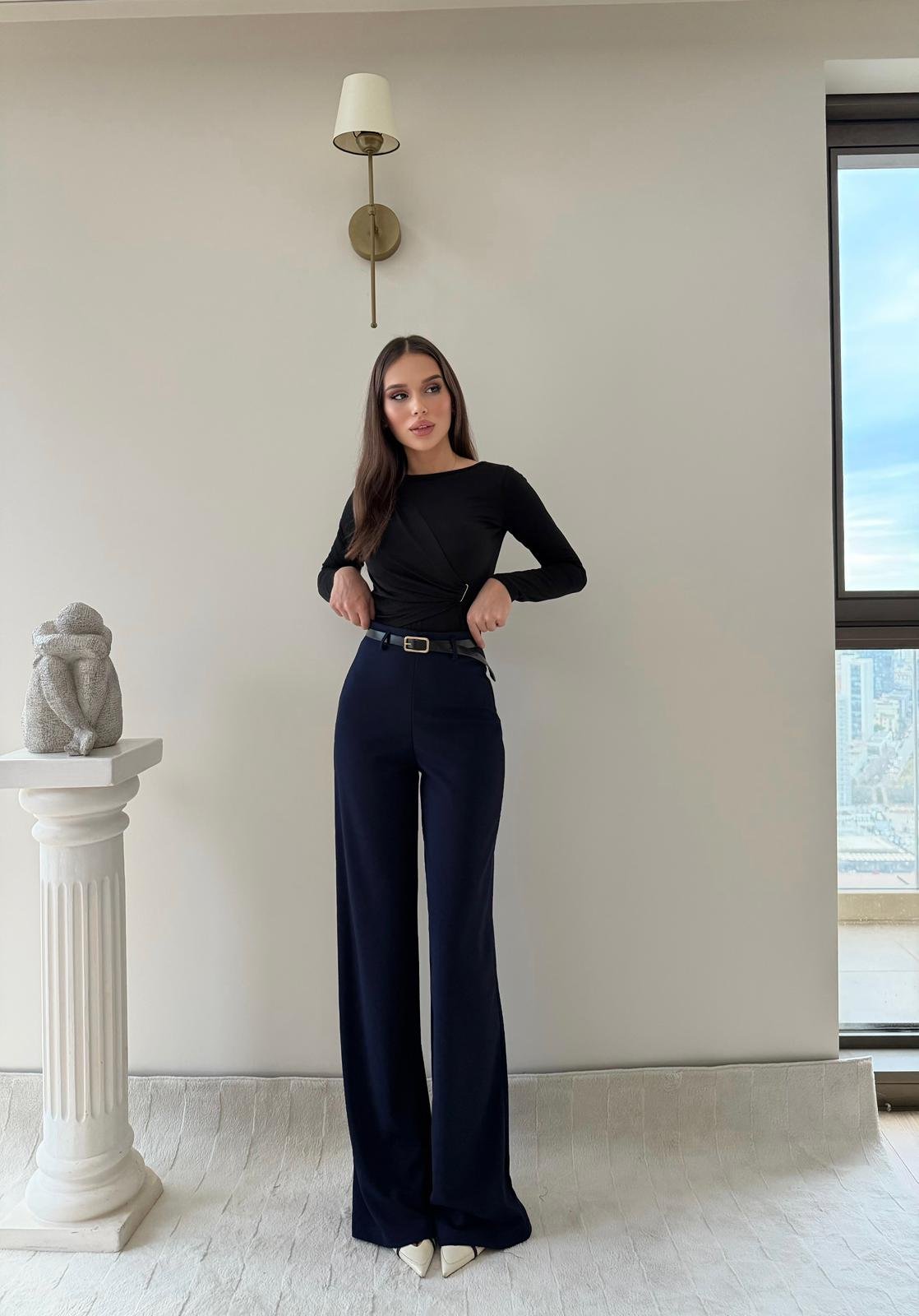 Kemerli Yüksek Bel Palazzo Crep Pantolon Lacivert