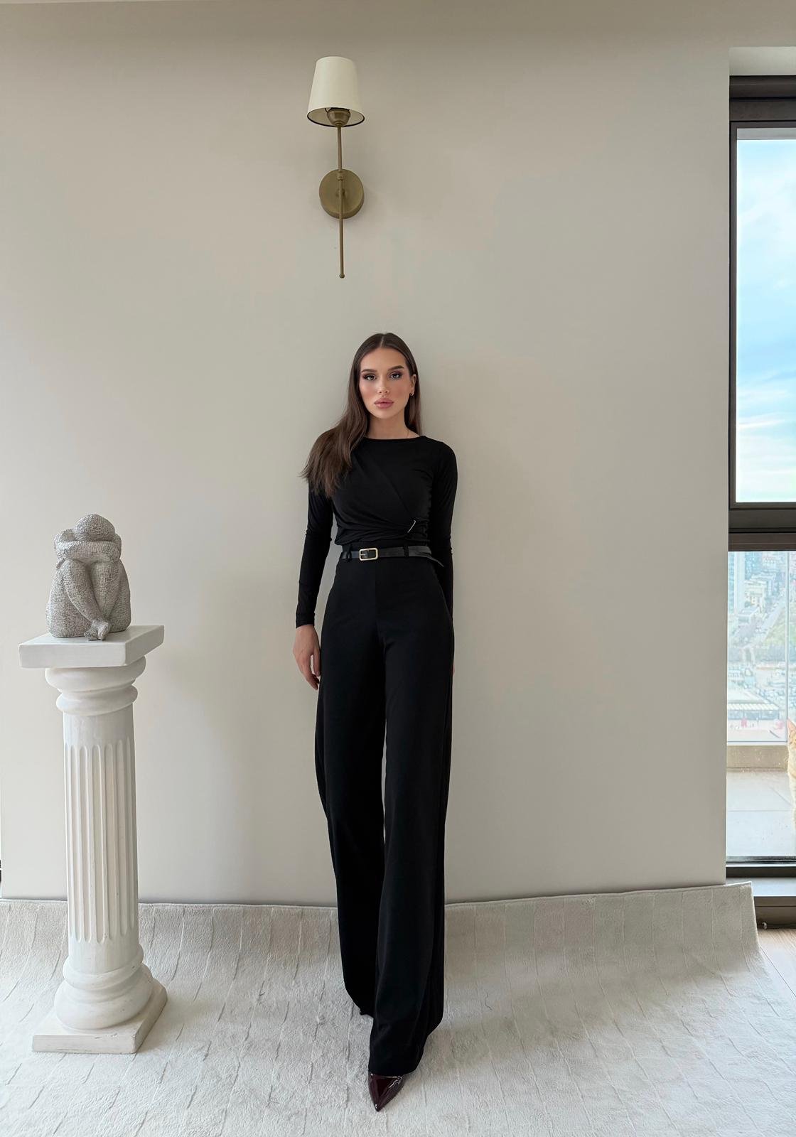 Kemerli Yüksek Bel Palazzo Crep Pantolon Siyah