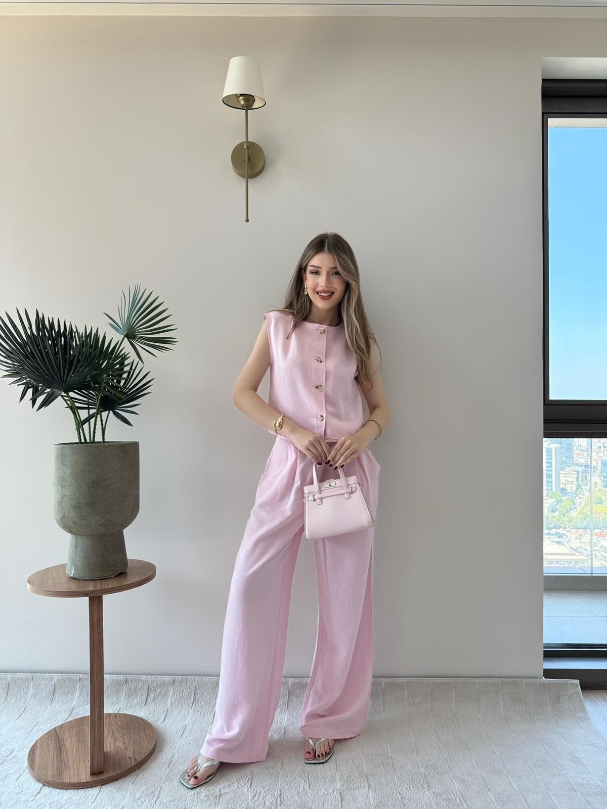 Kemik Düğme Detay Hırka ve Palazzo Bel Lastikli Pantolonlu Keten İkili Takım Pembe 2266
