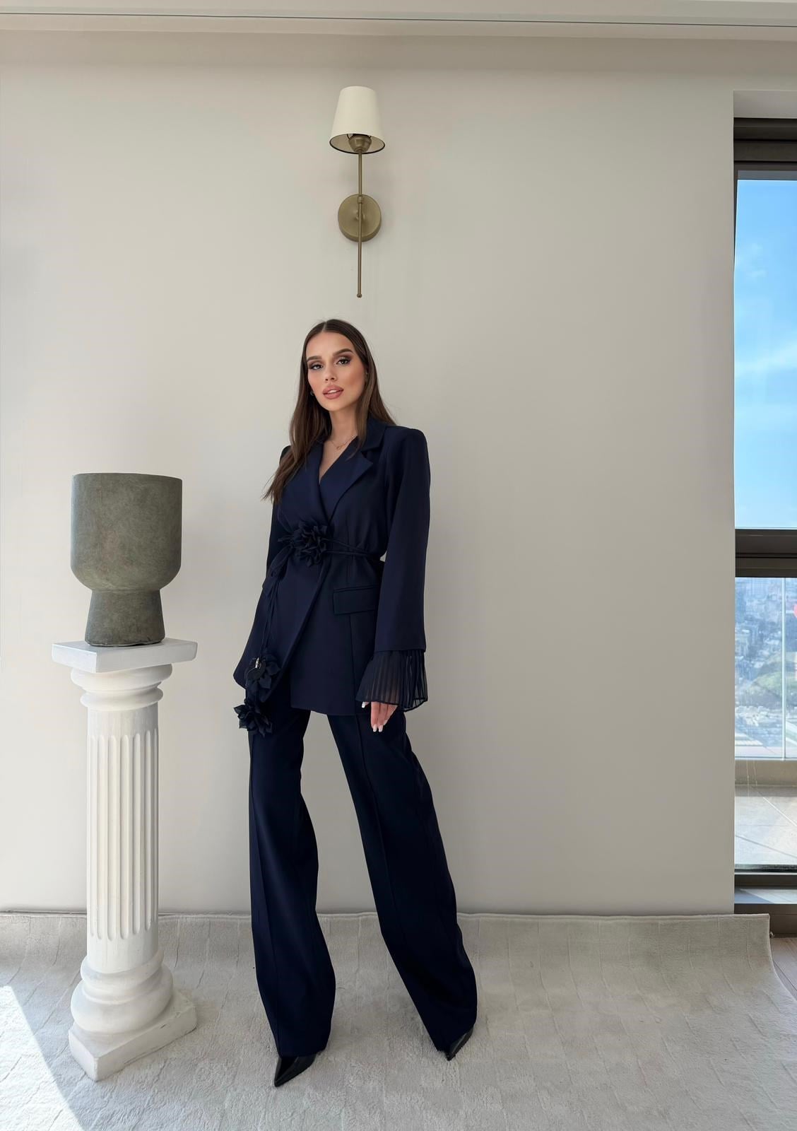 Kol Dantel Detay Bel Kuşaklı Blazer Ceket Ve Pantolonlu Kumaş Takımaş Takım Lacivert 2068