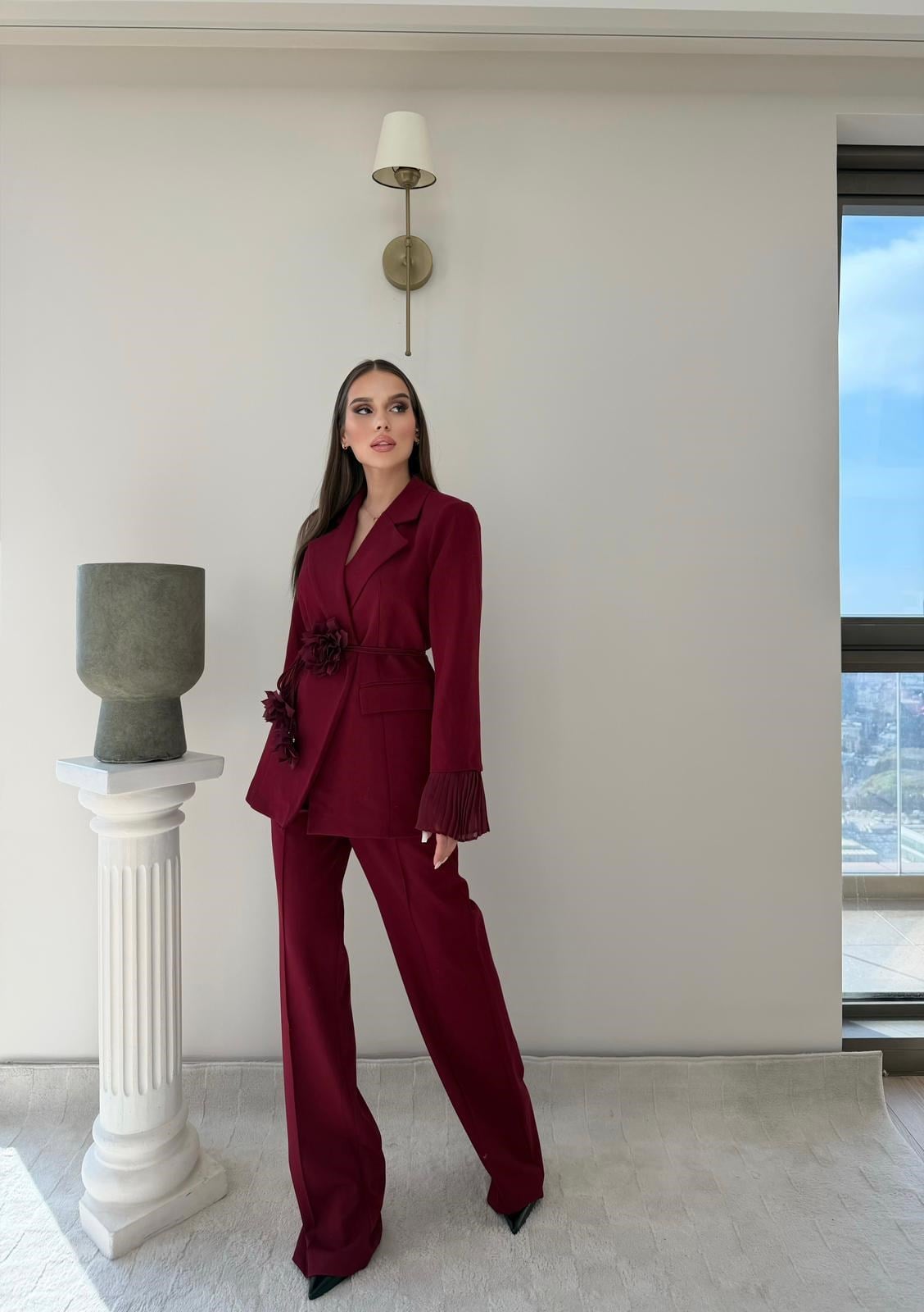 Kol Dantel Detay Bel Kuşaklı Blazer Ceket Ve Pantolonlu Kumaş Takımaş Takım Bordo 2068