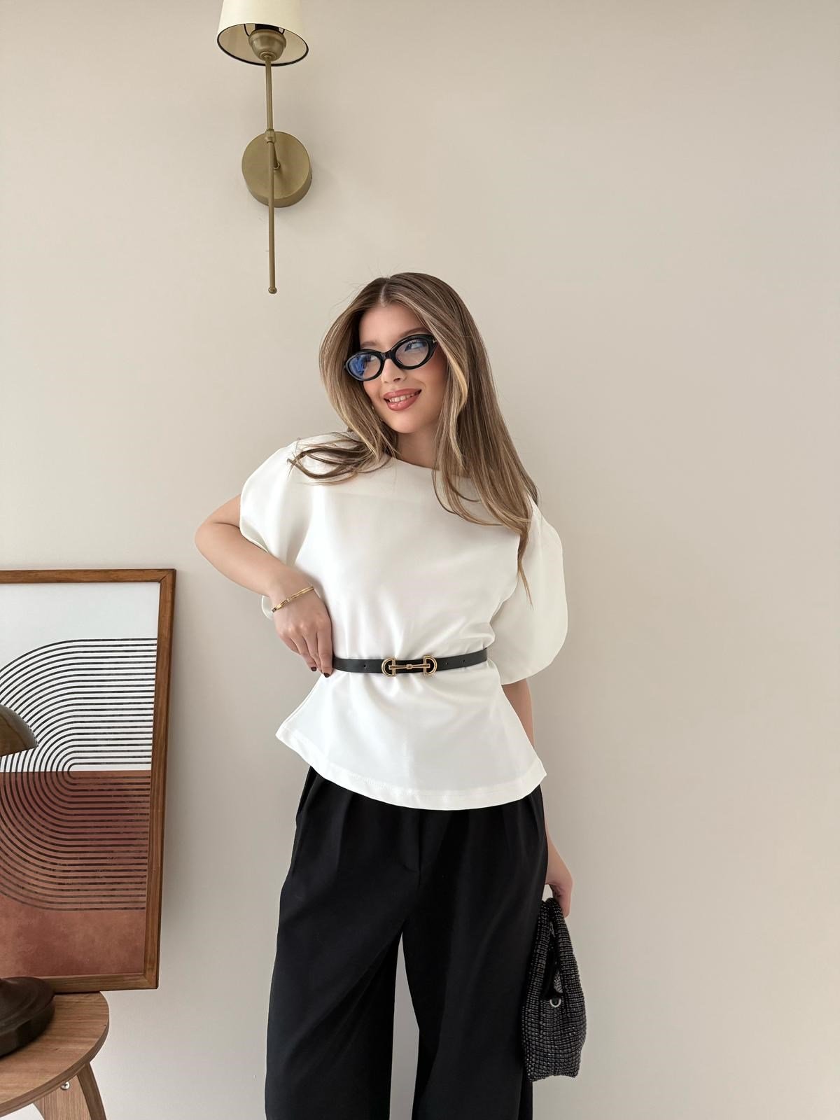 Kol Detay İnce Kemerli Double Crep Kumas Bluz Beyaz 2185