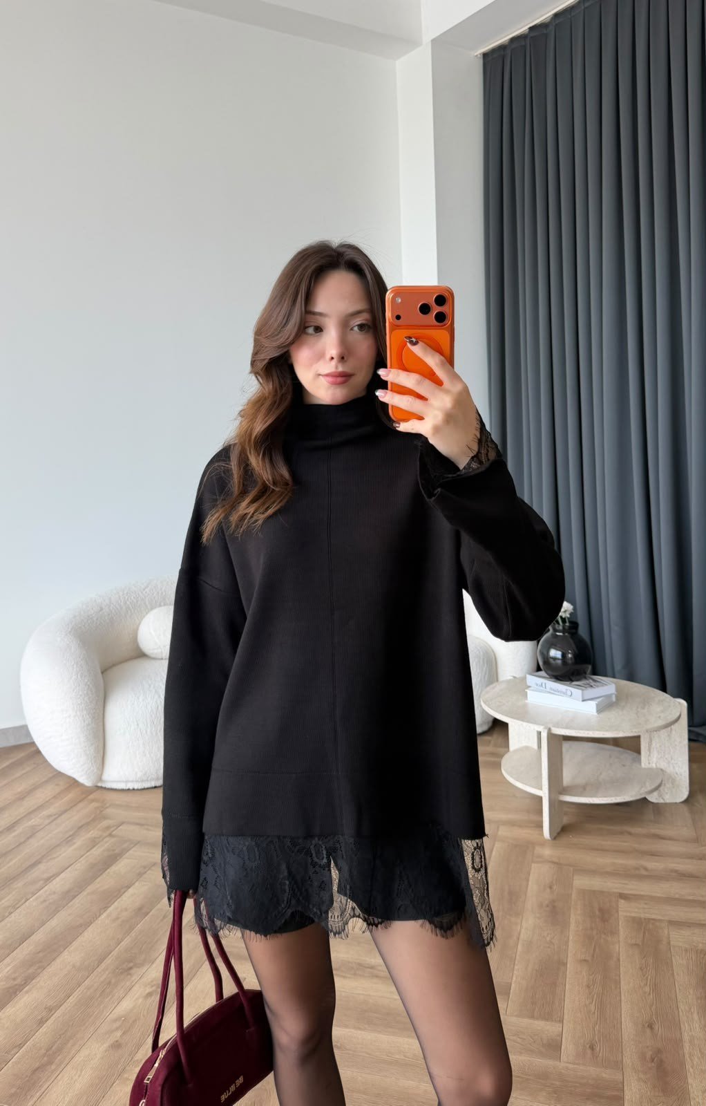 Kol ve Etek Dantel Detay Oversize Kazak 2573