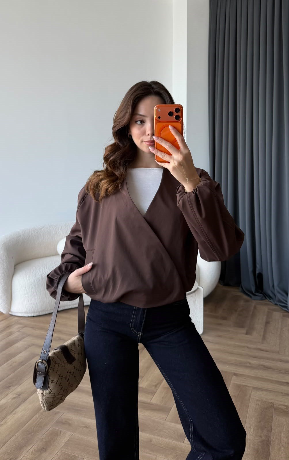 Kruvaze Yaka Çıtçıtlı Trenç Bomber Kahve 2485