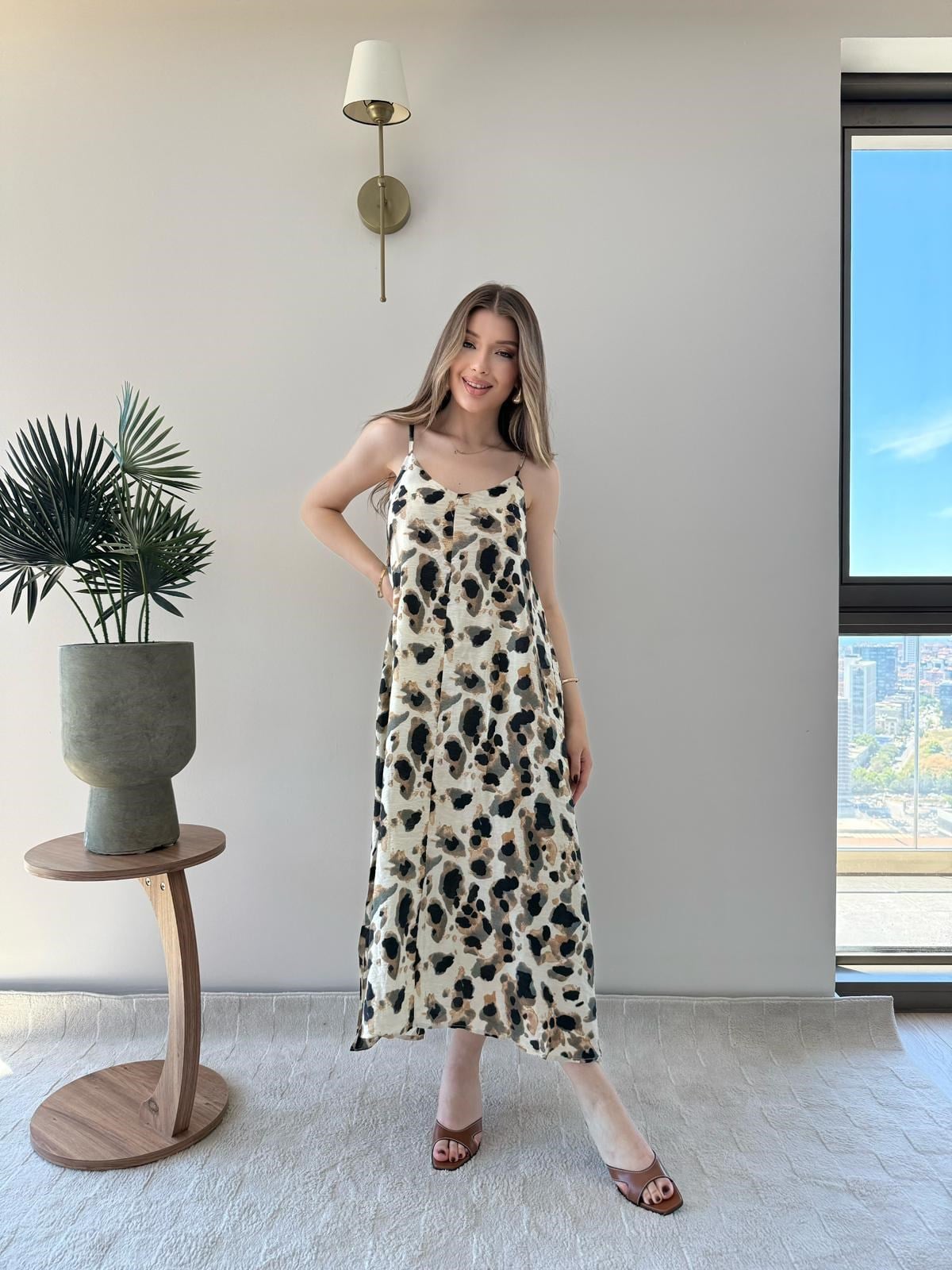 Leopar Desen Askılı Salaş Elbise Bej 2290