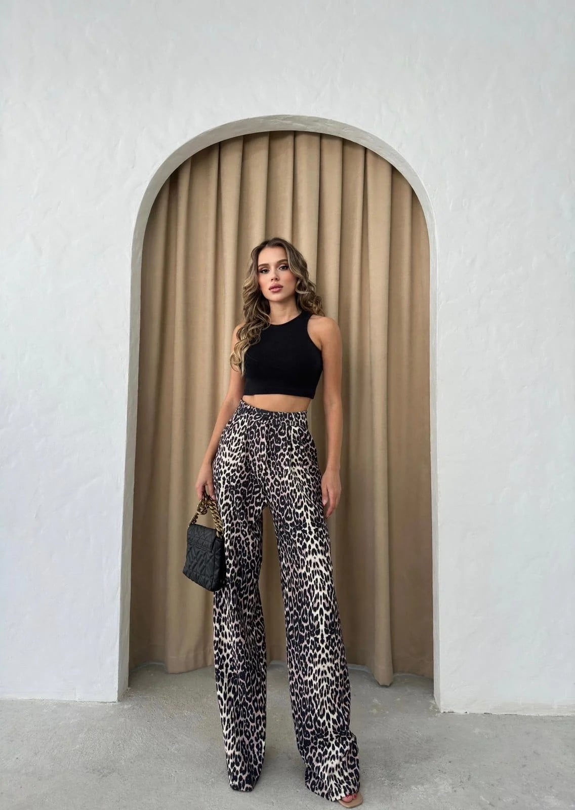 LEOPAR DESEN PALAZZO KUMAŞ PANTOLON KOYU