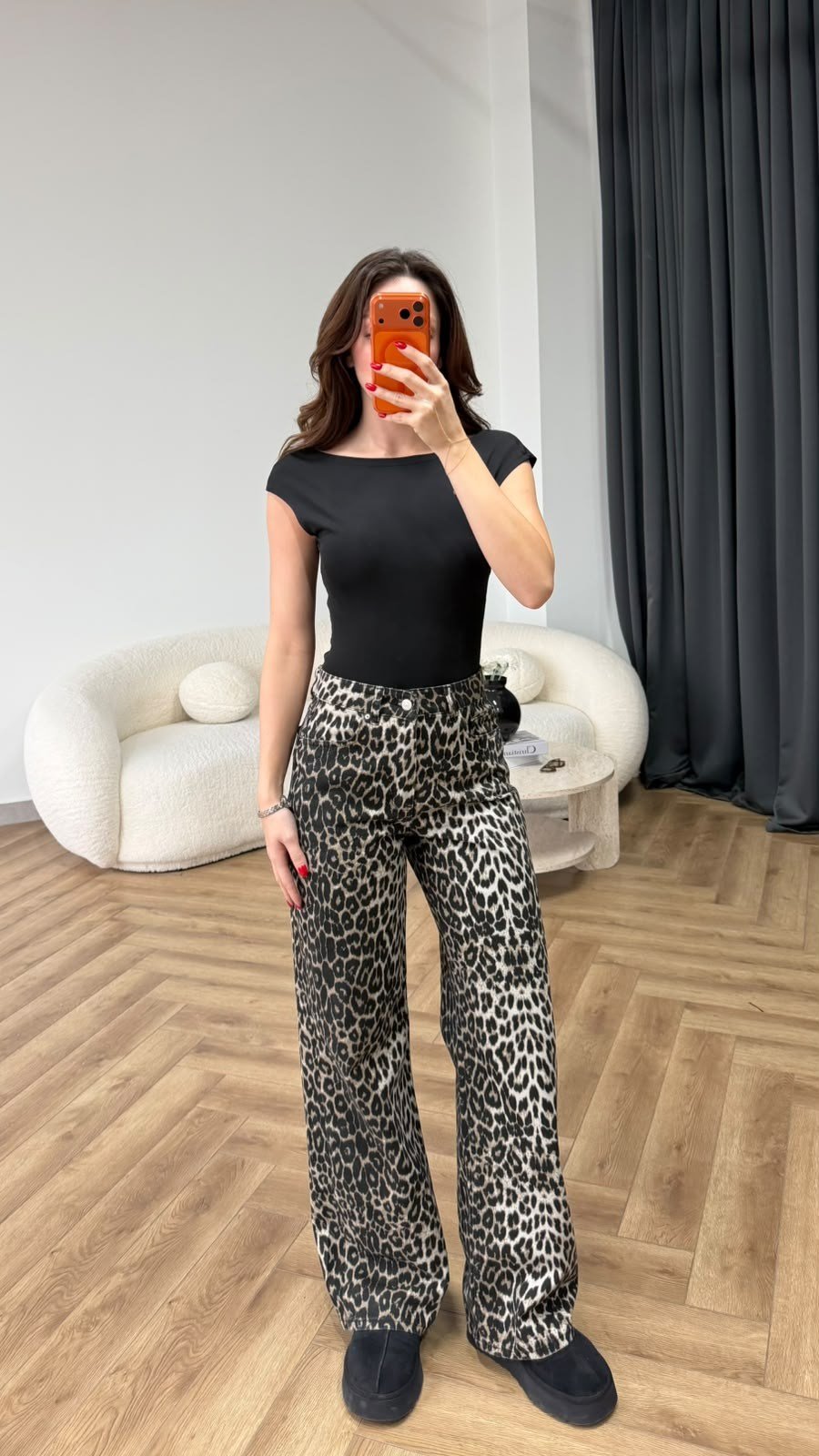 Leopar Desen Yüksek Bel Kot Pantolon 2547