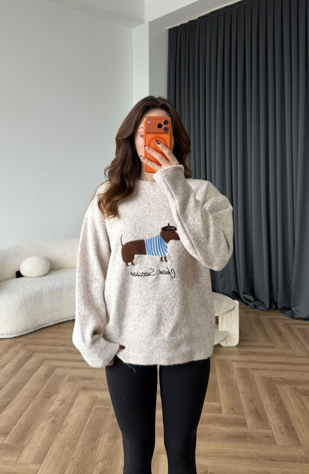 Nakiş Detay Oversize Yumoş Dokulu Kazak Bej 2578