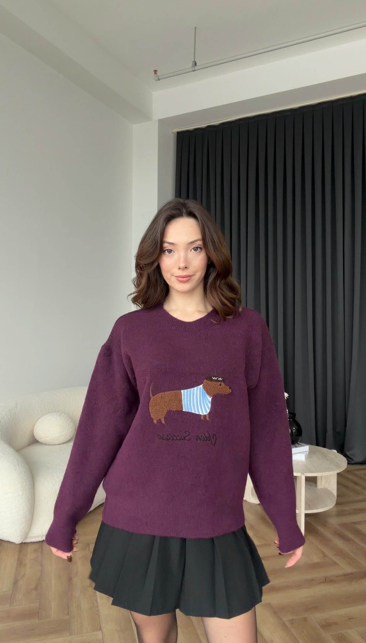 Nakiş Detay Oversize Yumoş Dokulu Kazak Mürdüm 2578