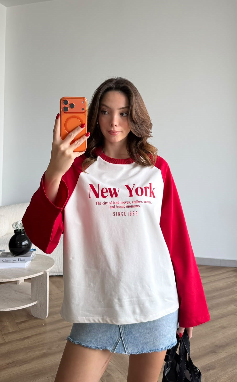 New York Baskılı Kol Garne Detay Oversize Sweat Beyaz 2522