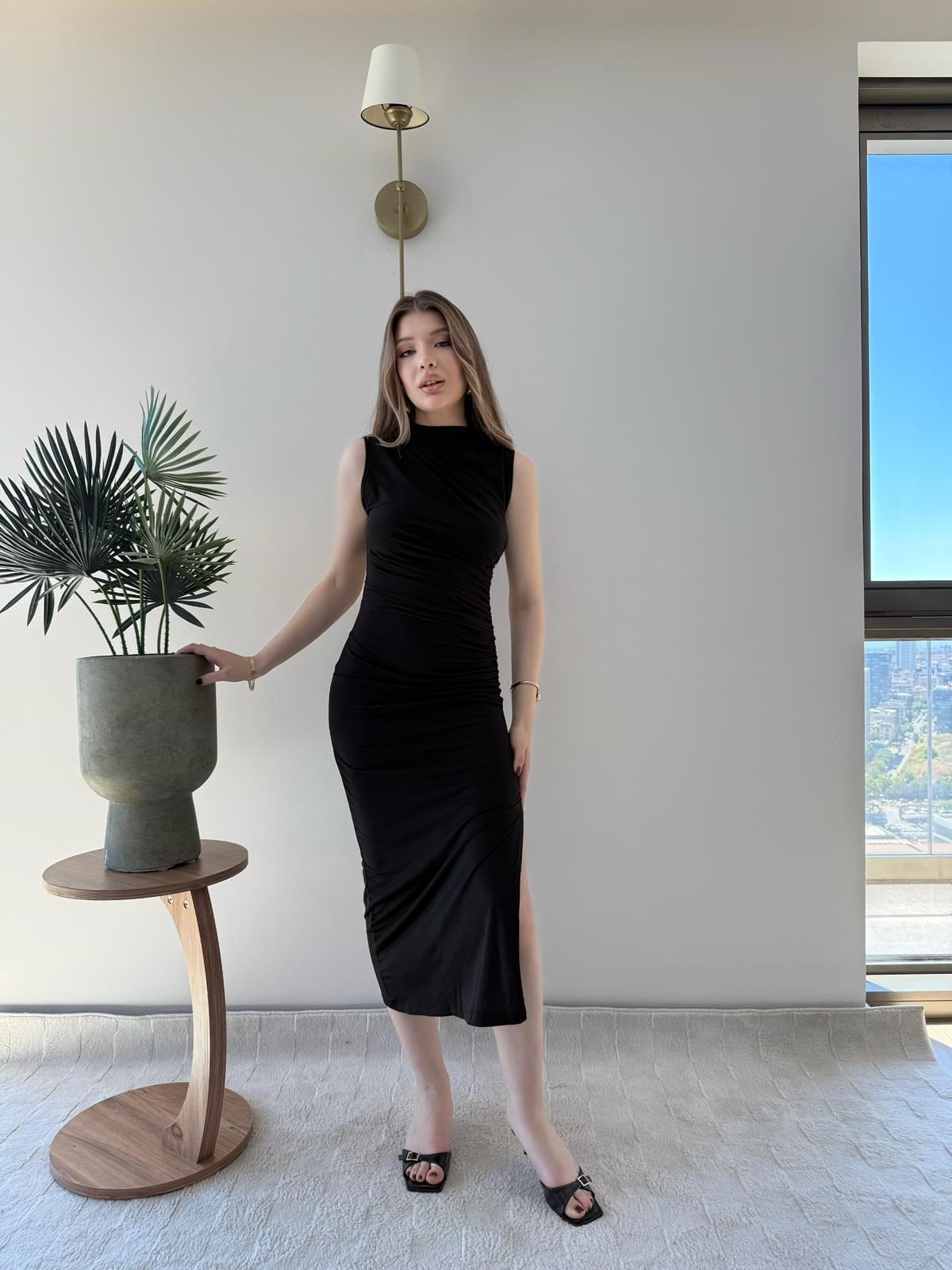 Omuz ve Bel Drape Detay Yırtmaçlı Uzun Sandy Elbise Siyah 2286