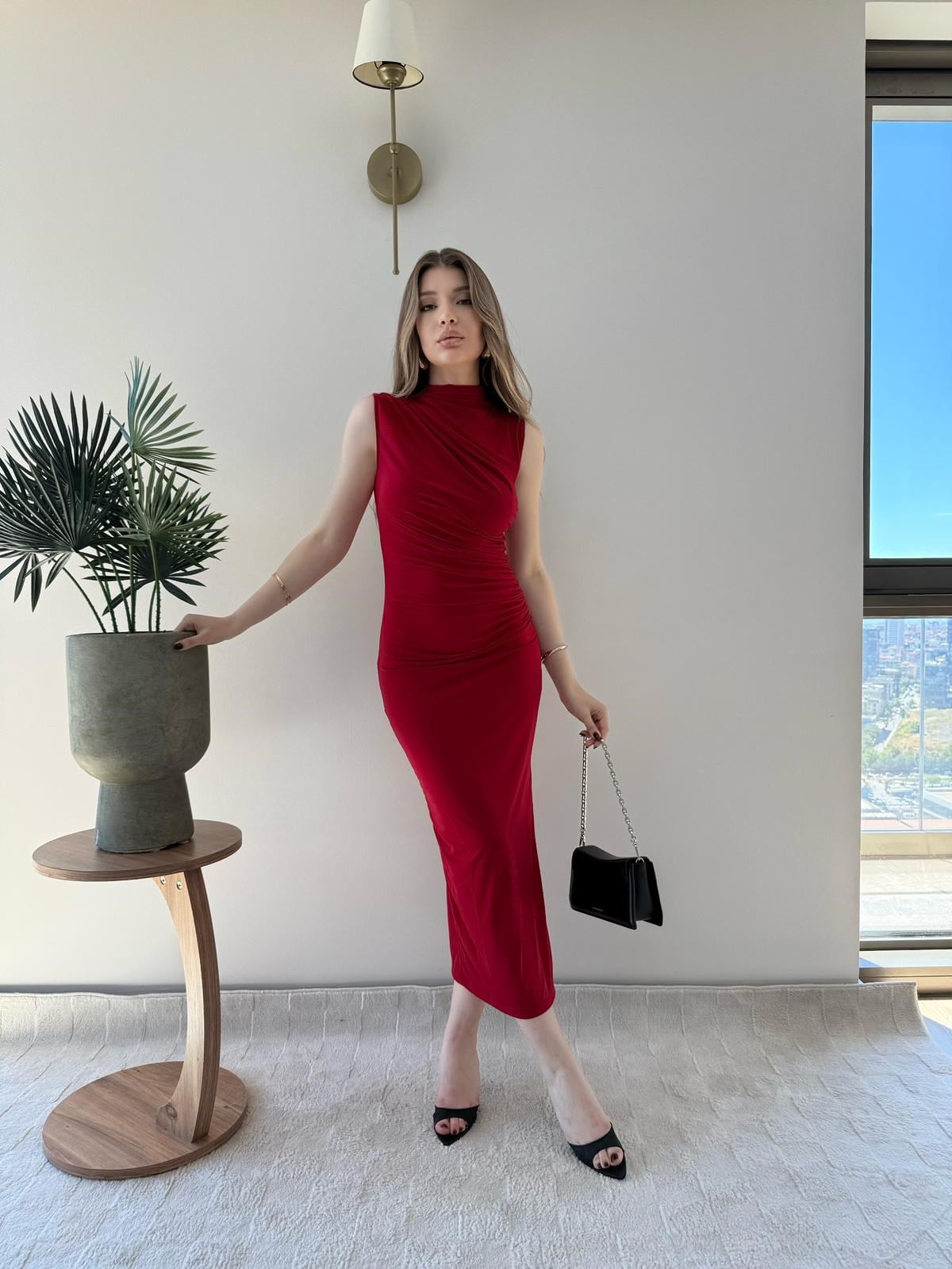 Omuz ve Bel Drape Detay Yırtmaçlı Uzun Sandy Elbise Kırmızı 2286