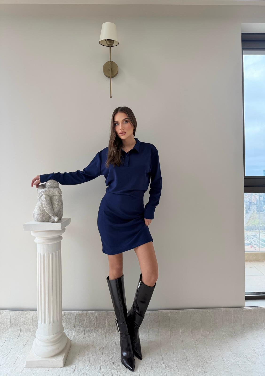 Polo Yaka Belden Drape Detay Modal Elbise Lacivert 2044