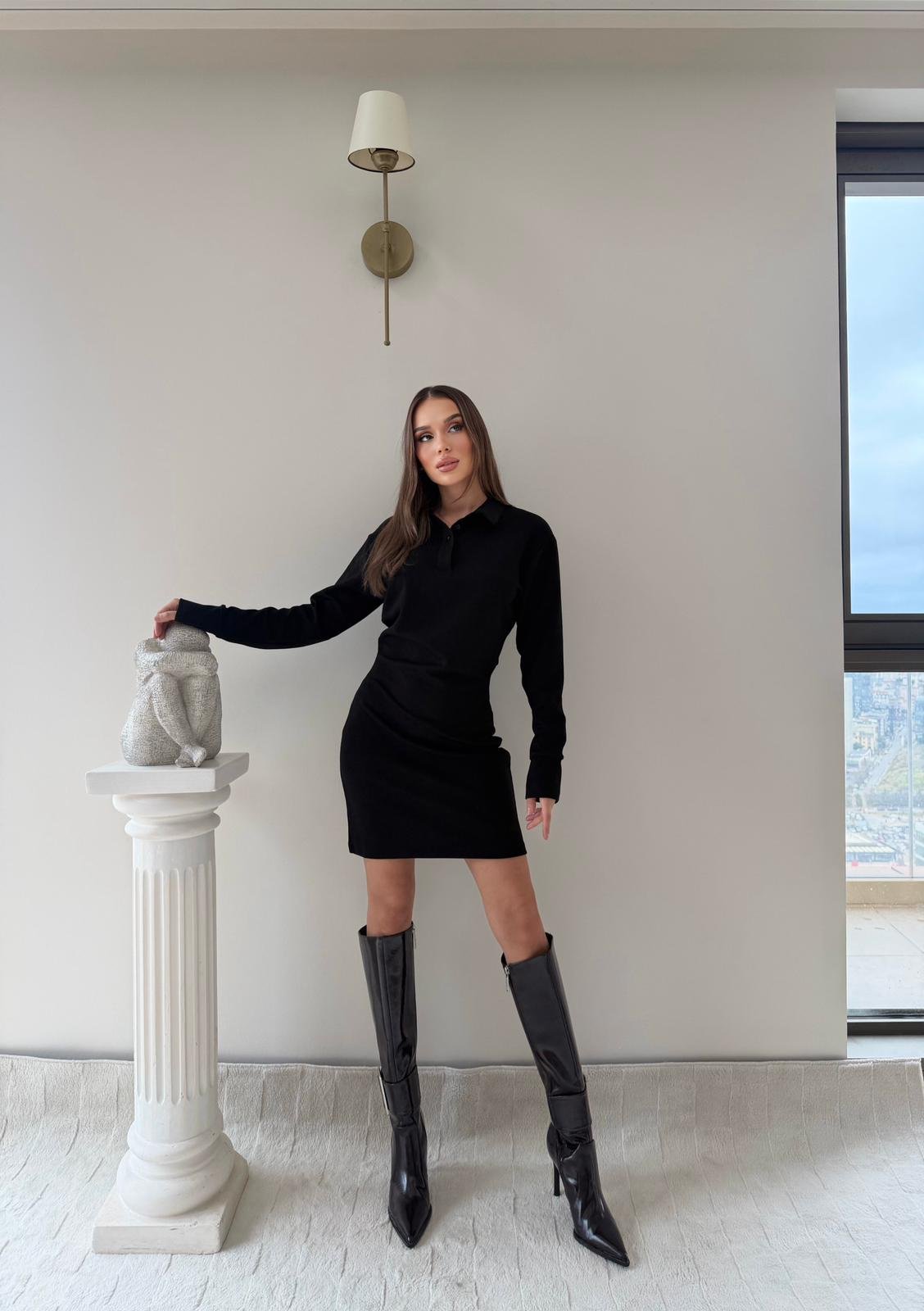 Polo Yaka Belden Drape Detay Modal Elbise Siyah 2044