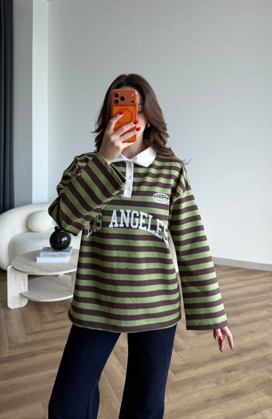 Polo Yaka Çizgili Yazı Detay Oversize Sweat Yeşil 2478