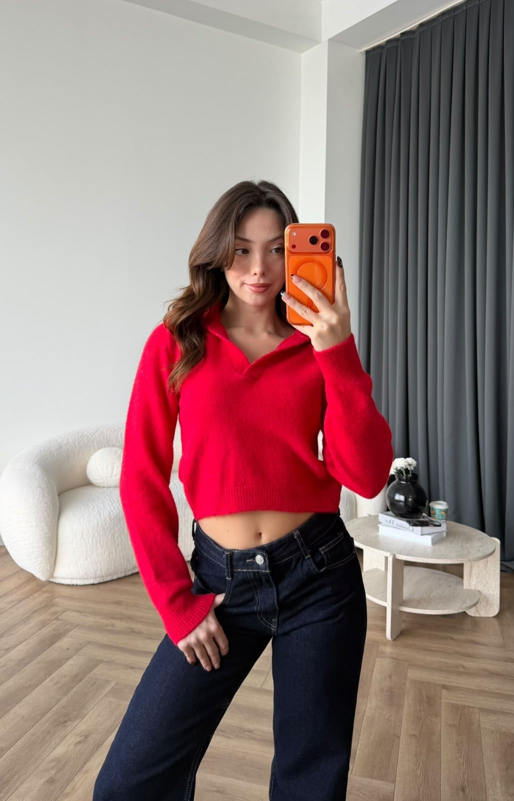 Polo Yaka Triko Kazak Kırmızı 2564