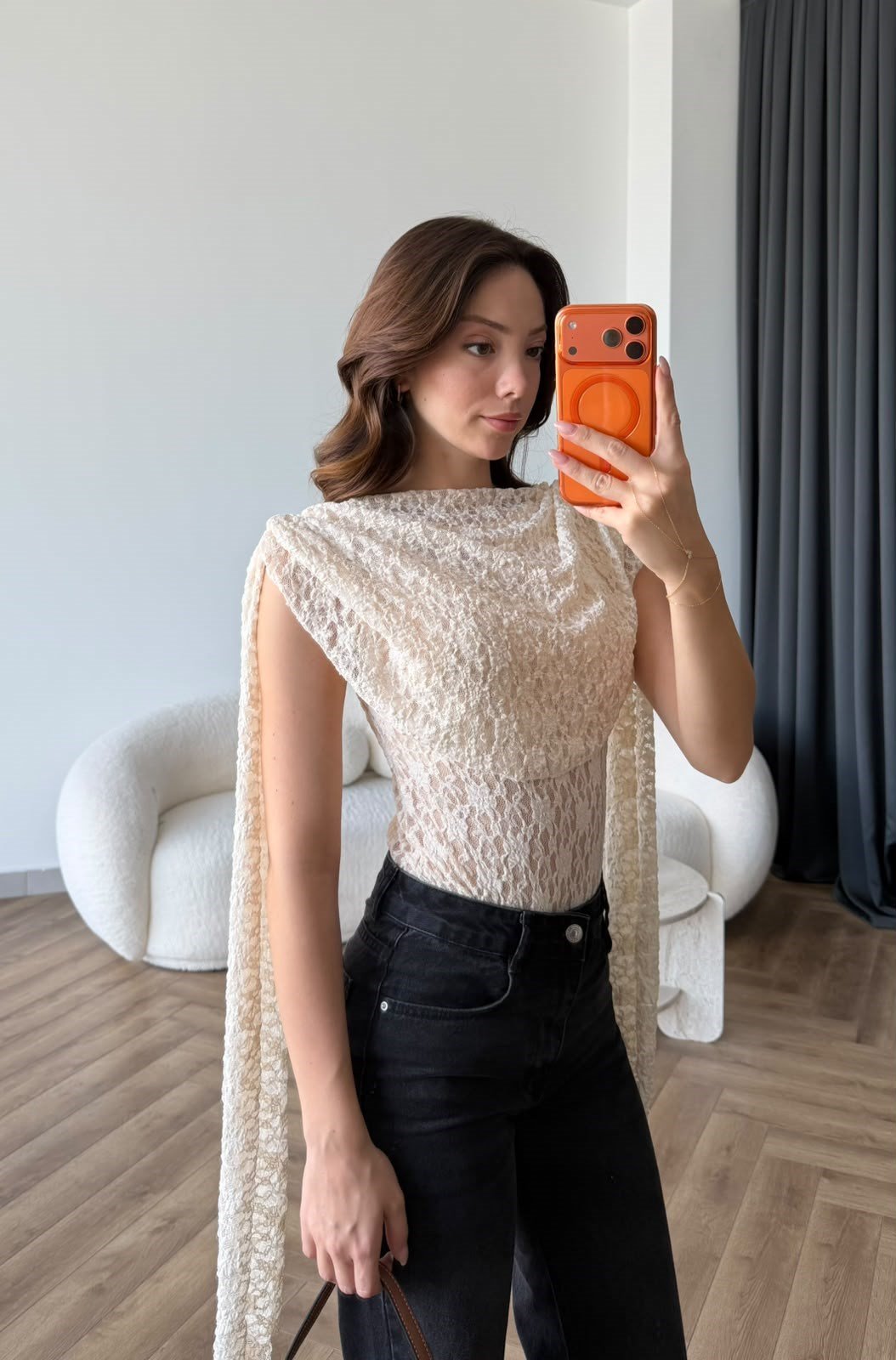 Şal Yaka Omuz Saçaklı Dantel Bodysuit Krem 2488